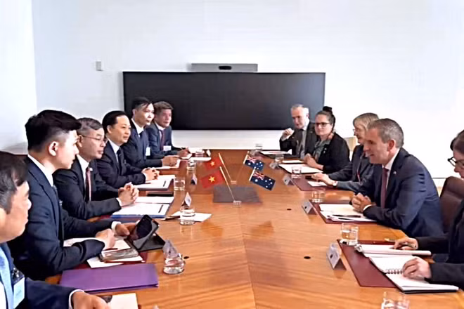 Quang cảnh tại buổi làm việc giữa đoàn công tác Bộ Tài chính Việt Nam và Bộ Ngân khố Australia. (Ảnh: Bộ Tài chính cung cấp)