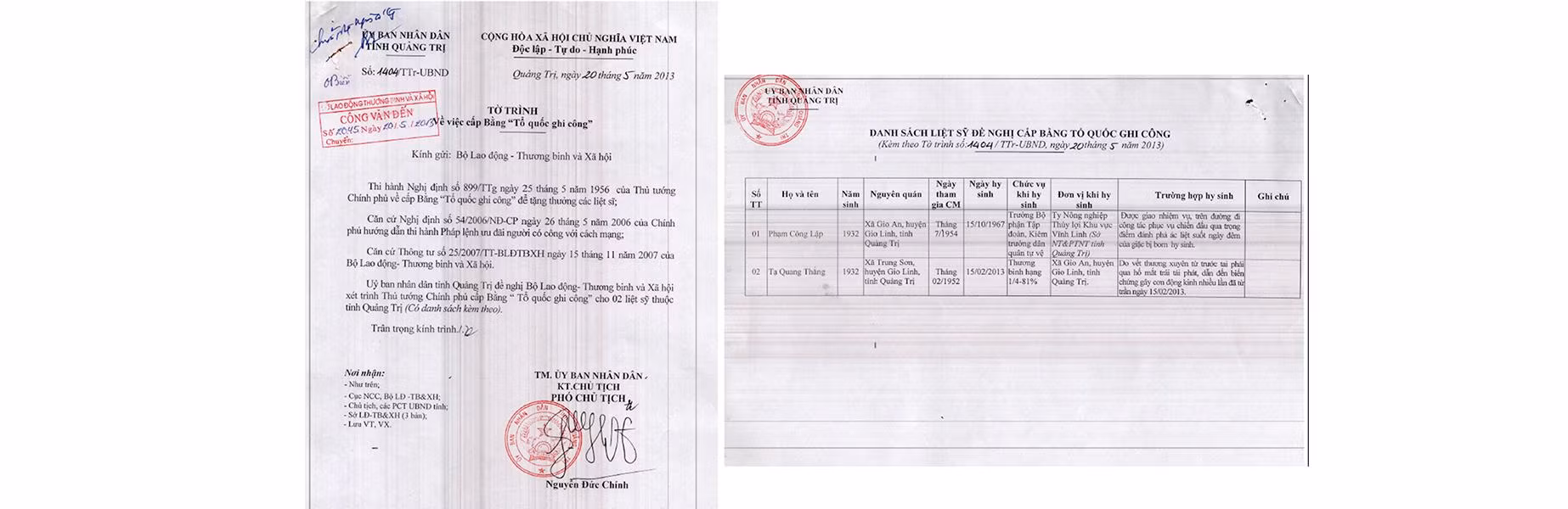 Tờ trình số 1404 ngày 20/5/2013 của Ủy ban nhân dân tỉnh Quảng Trị gửi Bộ LĐ-TBXH đề nghị công nhận liệt sĩ cho ông Phạm Công Lập và 1 liệt sĩ khác. Tờ trình số 1404 ngày 20/5/2013 của Ủy ban nhân dân tỉnh Quảng Trị gửi Bộ LĐ-TBXH đề nghị công nhận liệt sĩ cho ông Phạm Công Lập và 1 liệt sĩ khác.