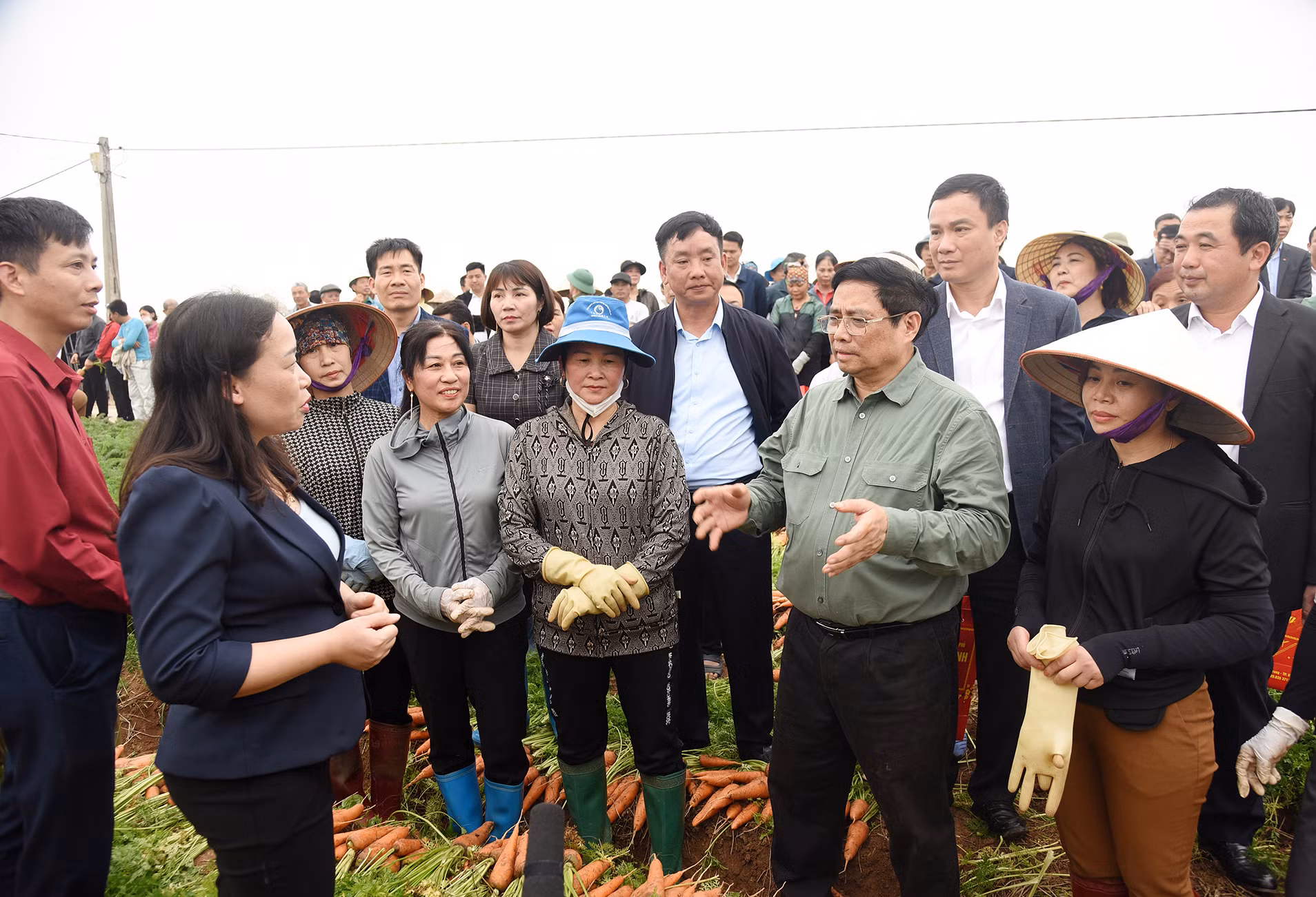 Thủ tướng nói chuyện, động viên bà con nông dân ngay trên ruộng cà rốt vừa thu hoạch.
