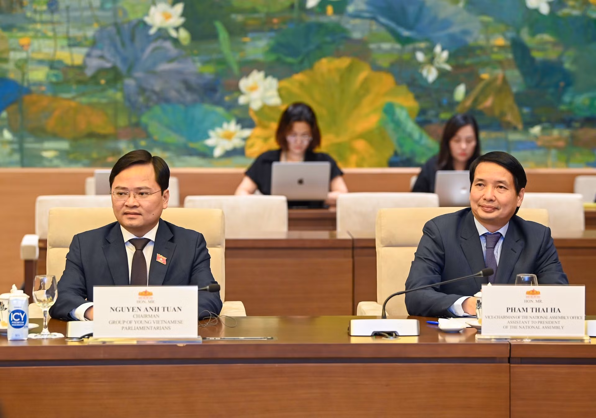 Chủ tịch Nhóm Đại biểu Quốc hội trẻ khóa XV Nguyễn Anh Tuấn, Phó Chủ nhiệm Văn phòng Quốc hội, Trợ lý Chủ tịch Quốc hội Phạm Thái Hà và các đại biểu dự buổi tiếp.
