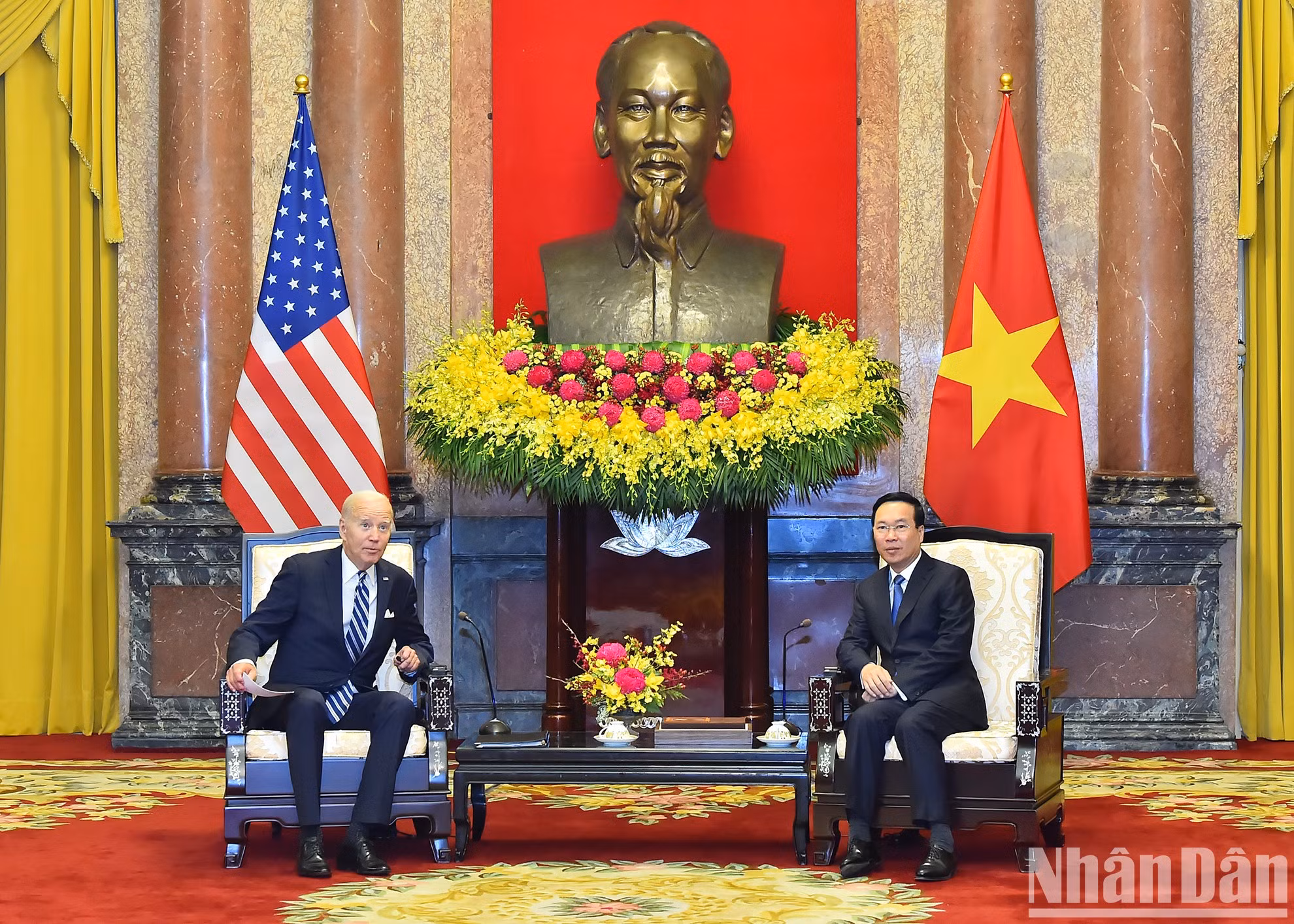 Chủ tịch nước Võ Văn Thưởng tiếp Tổng thống Hoa Kỳ Joe Biden. (Ảnh: THỦY NGUYÊN) Chủ tịch nước Võ Văn Thưởng tiếp Tổng thống Hoa Kỳ Joe Biden. (Ảnh: THỦY NGUYÊN)