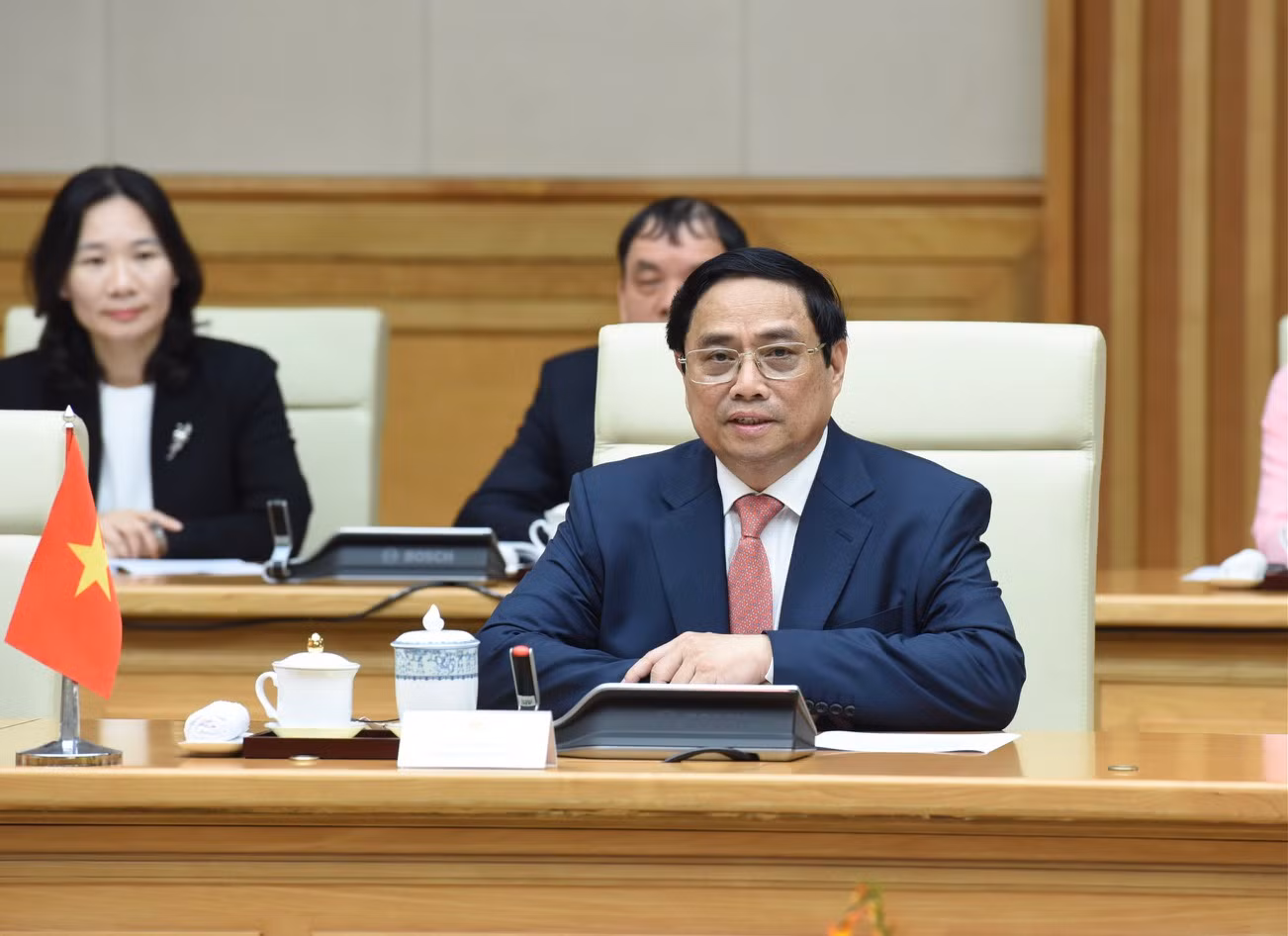 Thủ tướng Phạm Minh Chính phát biểu tại buổi hội đàm với Thủ tướng Đại Công quốc Luxembourg Xavier Bettel.