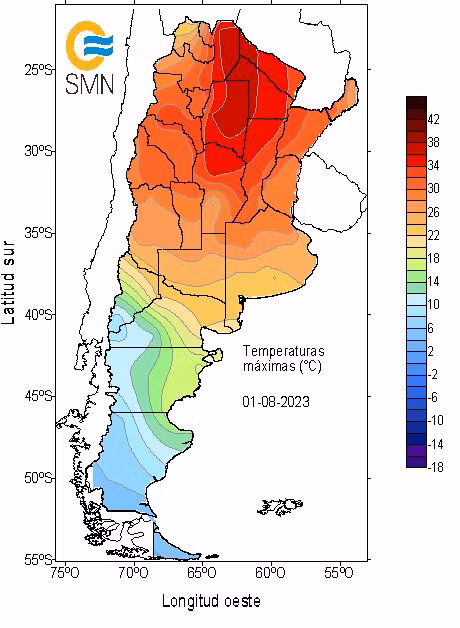 Ở thời điểm bắt đầu tháng 8, nhiều vùng tại Argentina đã ghi nhận mức nhiệt cao “không tưởng” giữa mùa đông. (Ảnh: Cơ quan Khí tượng quốc gia Argentina)