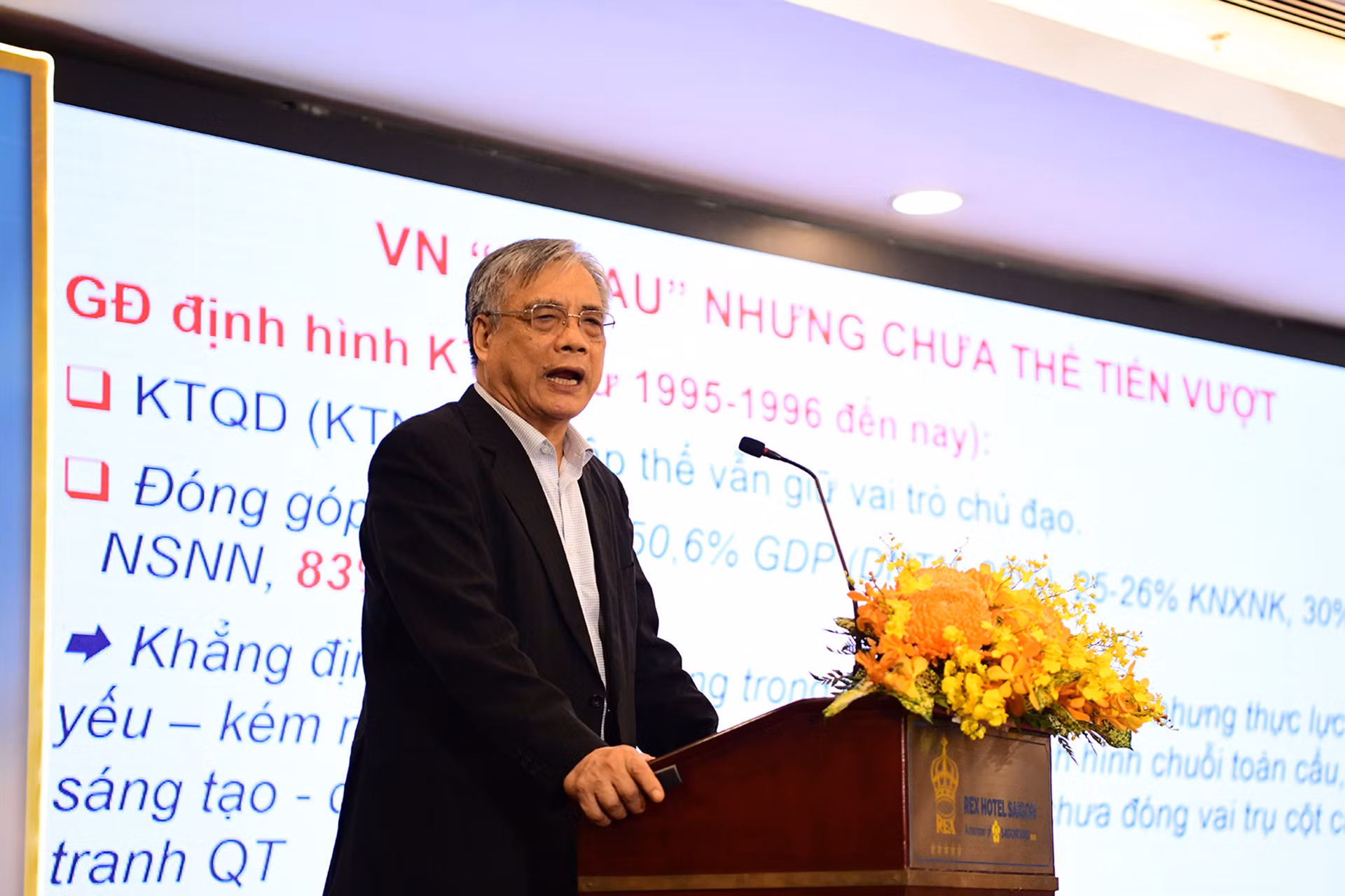 PGS, TS Trần Đình Thiên, nguyên Viện trưởng Viện Kinh tế Việt Nam trình bày tham luận tại hội thảo.