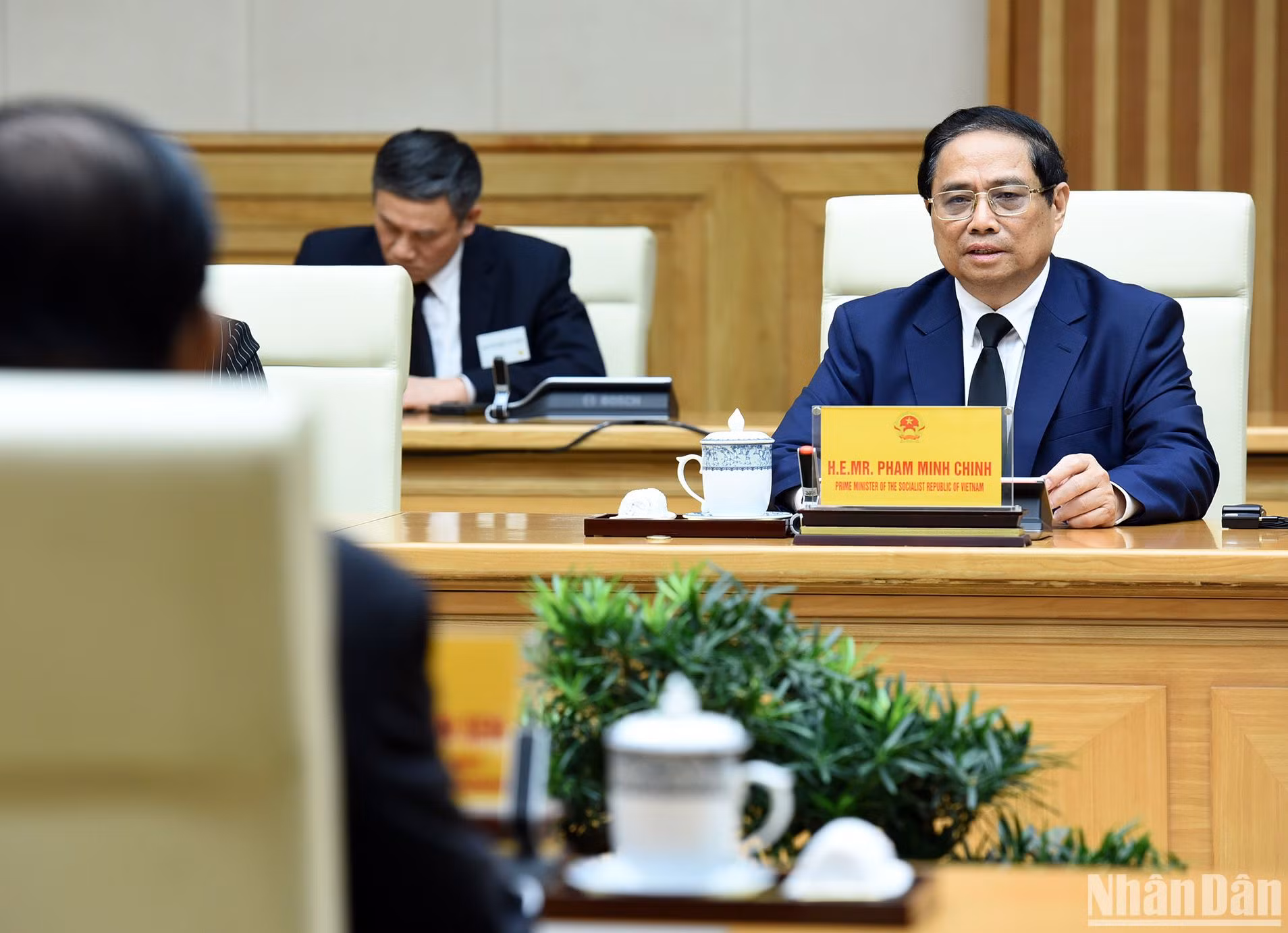 Thủ tướng Phạm Minh Chính phát biểu tại cuộc tiếp Chủ tịch Đảng Nhân dân Campuchia Samdech Hun Sen.