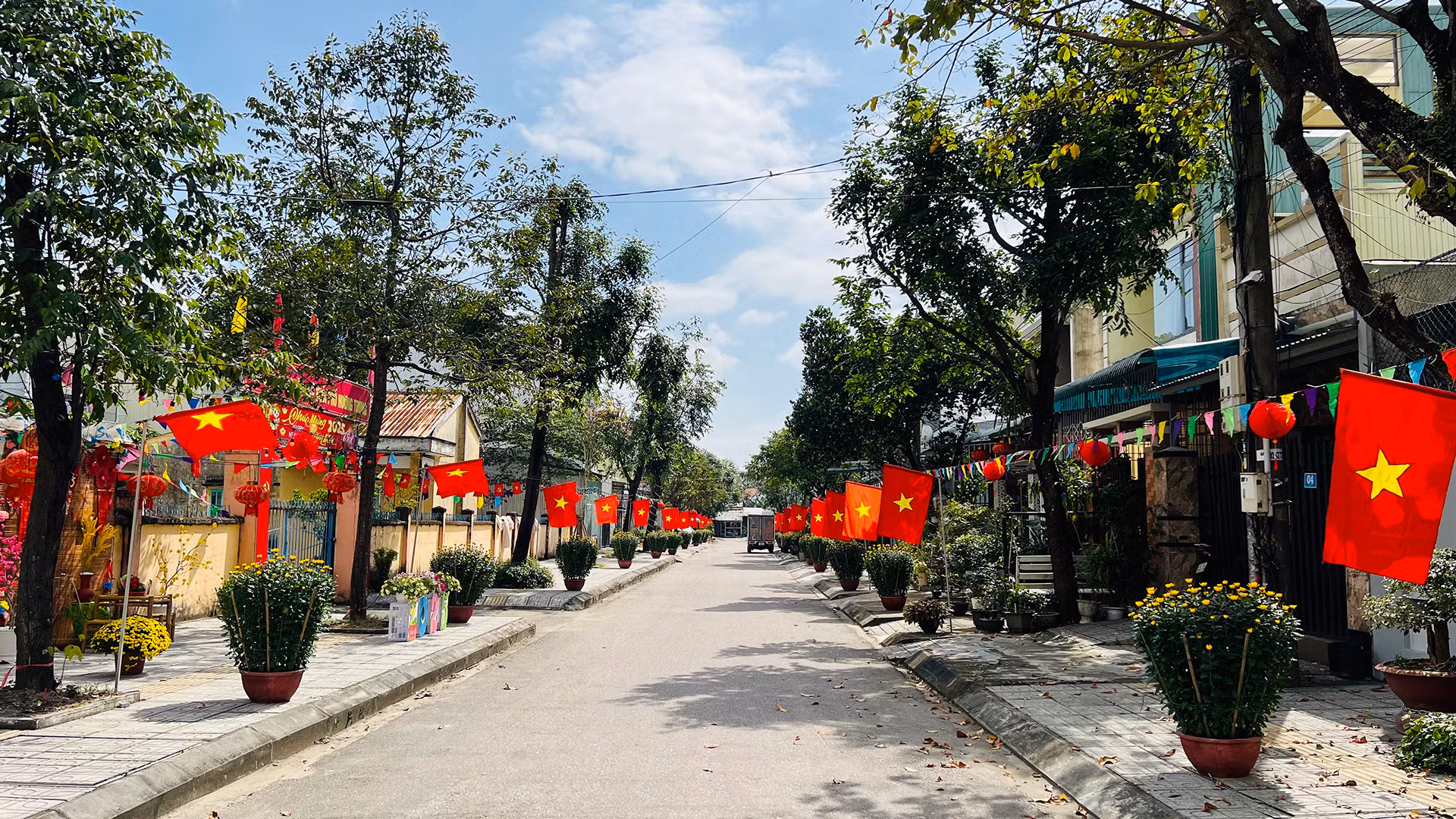 Tuyến đường Đinh Công Tráng (phường Hòa Hương) rực rỡ cờ hoa để chào đón năm mới.
