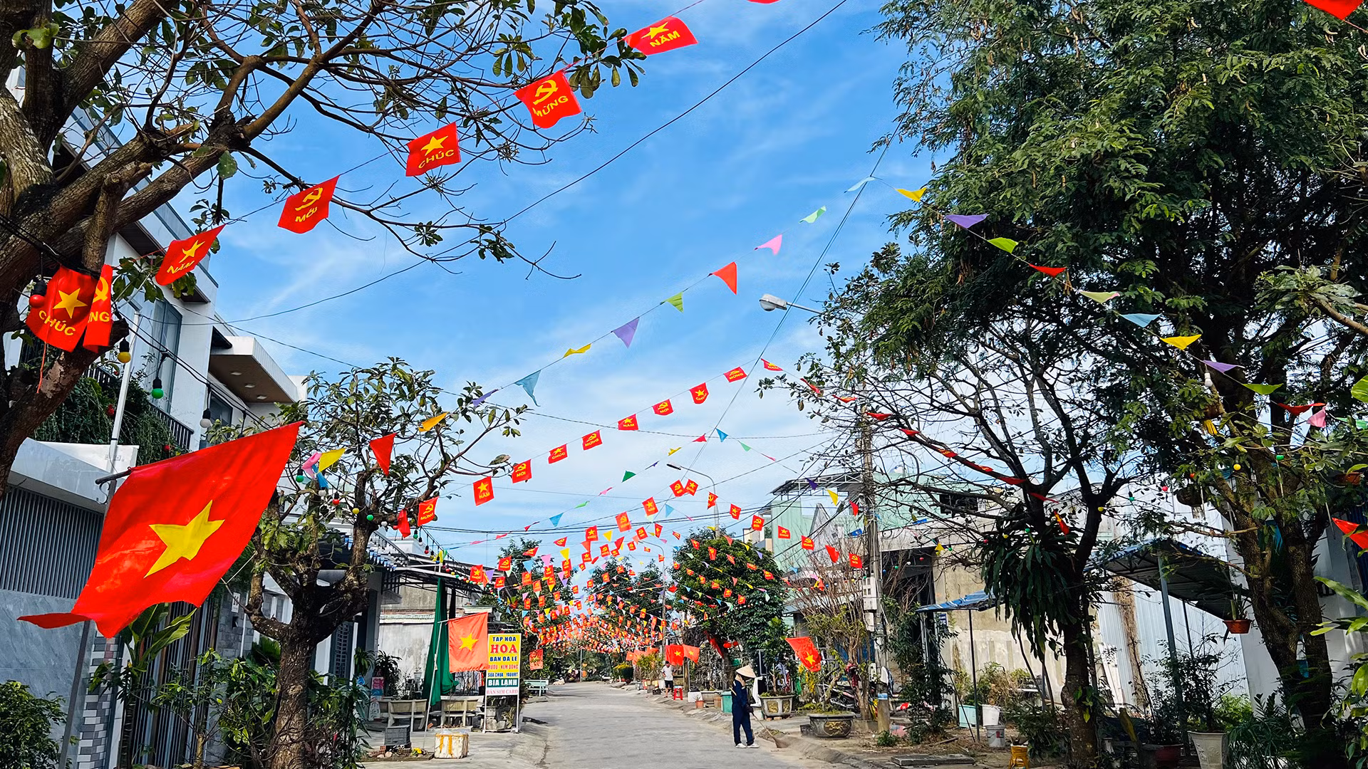 Tuyến đường Lê Trí Viễn (phường Hòa Hương) rực rỡ cờ hoa để chào đón năm mới.