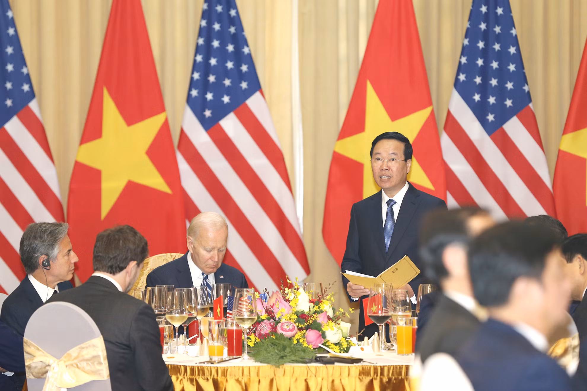 Chủ tịch nước Võ Văn Thưởng phát biểu tại buổi chiêu đãi cấp Nhà nước với Tổng thống Hoa Kỳ Joe Biden.