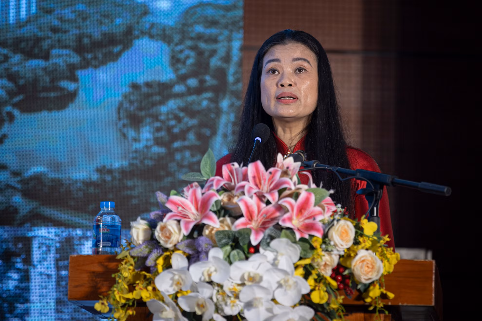 Giám đốc Sở Văn hóa và Thể thao Hà Nội Bạch Liên Hương đọc diễn văn chào mừng chương trình "Hà Nội - Ý chí và niềm tin quyết thắng".