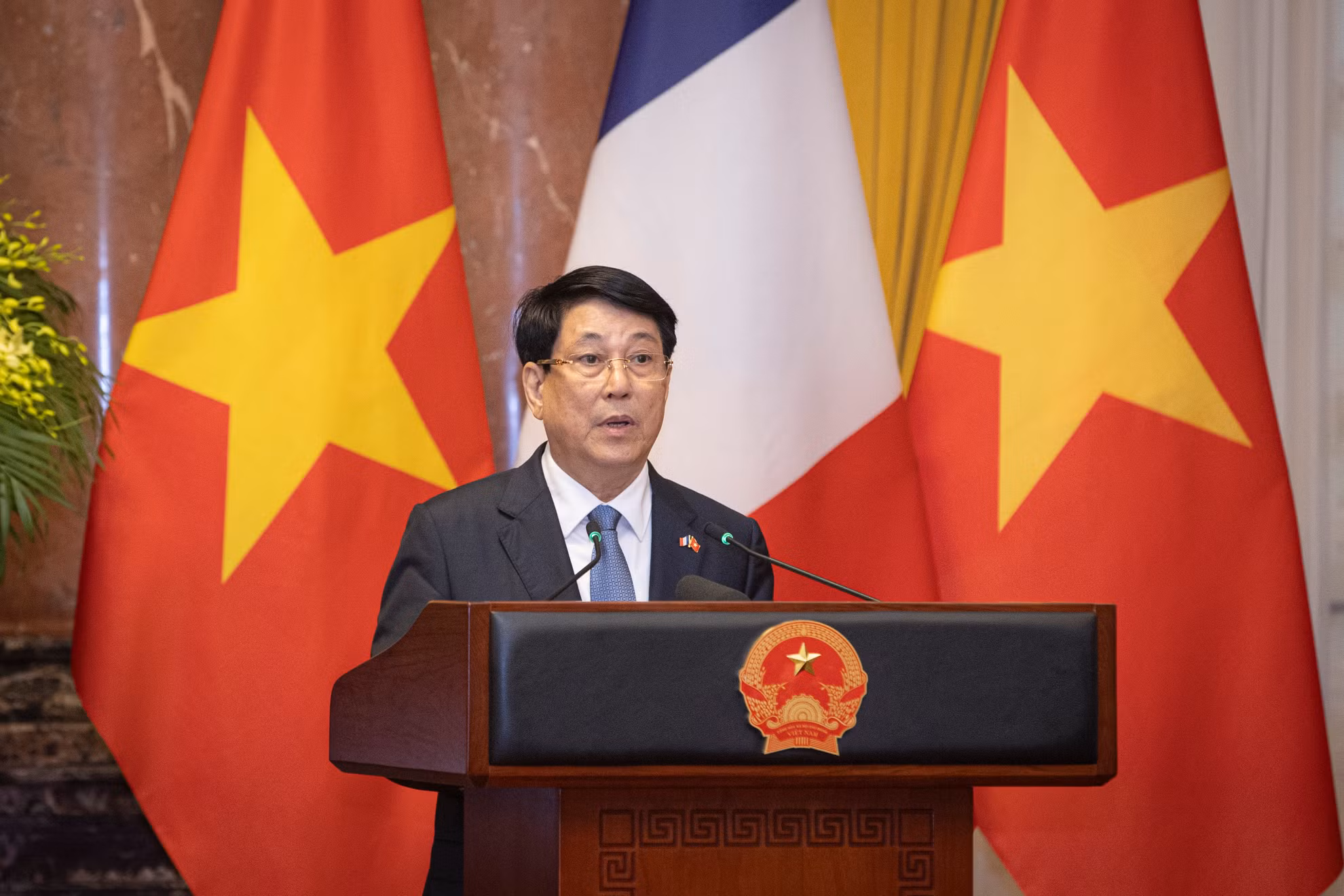 Chủ tịch nước Lương Cường phát biểu tại buổi gặp gỡ báo chí.