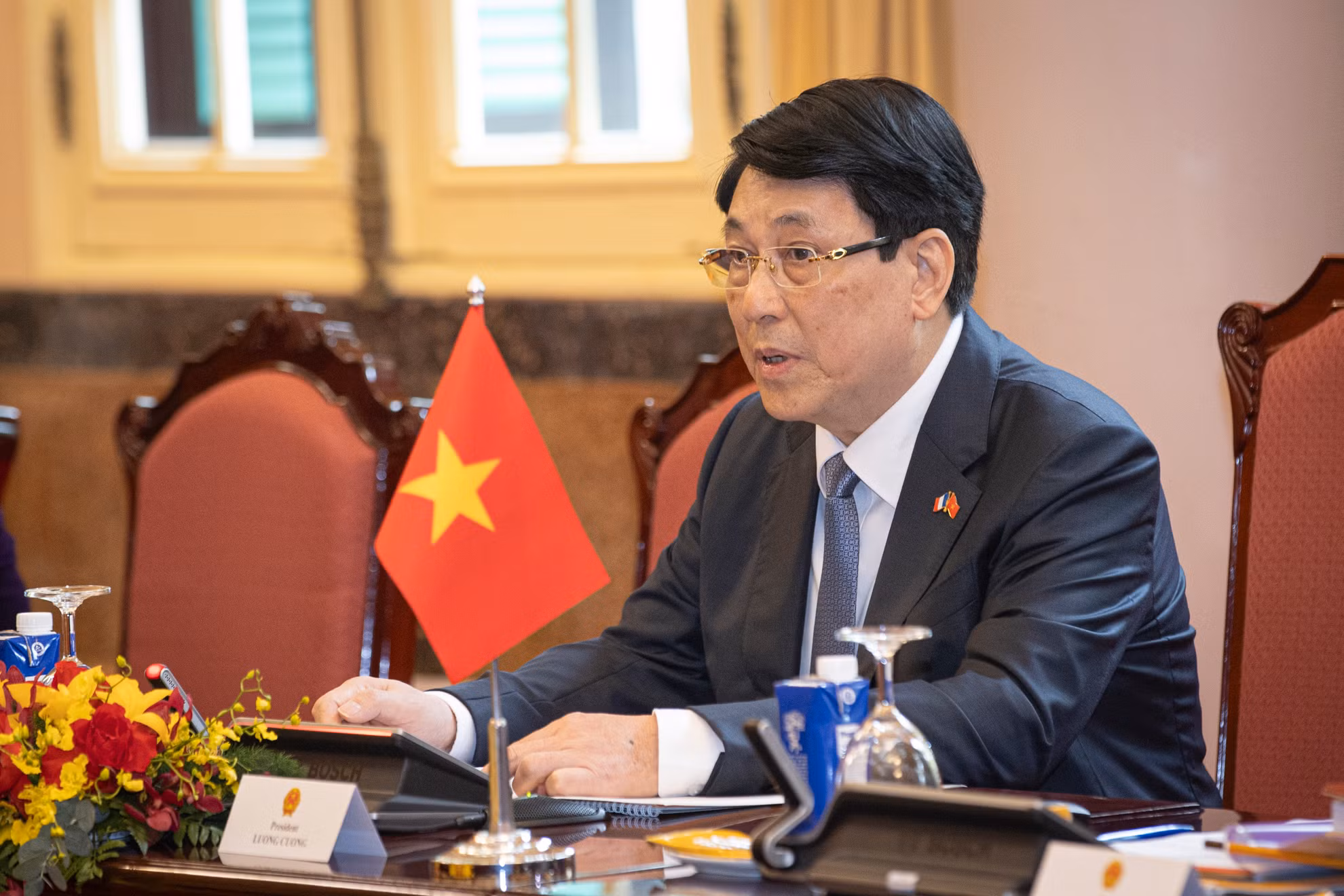 Chủ tịch nước Lương Cường phát biểu tại hội đàm.
