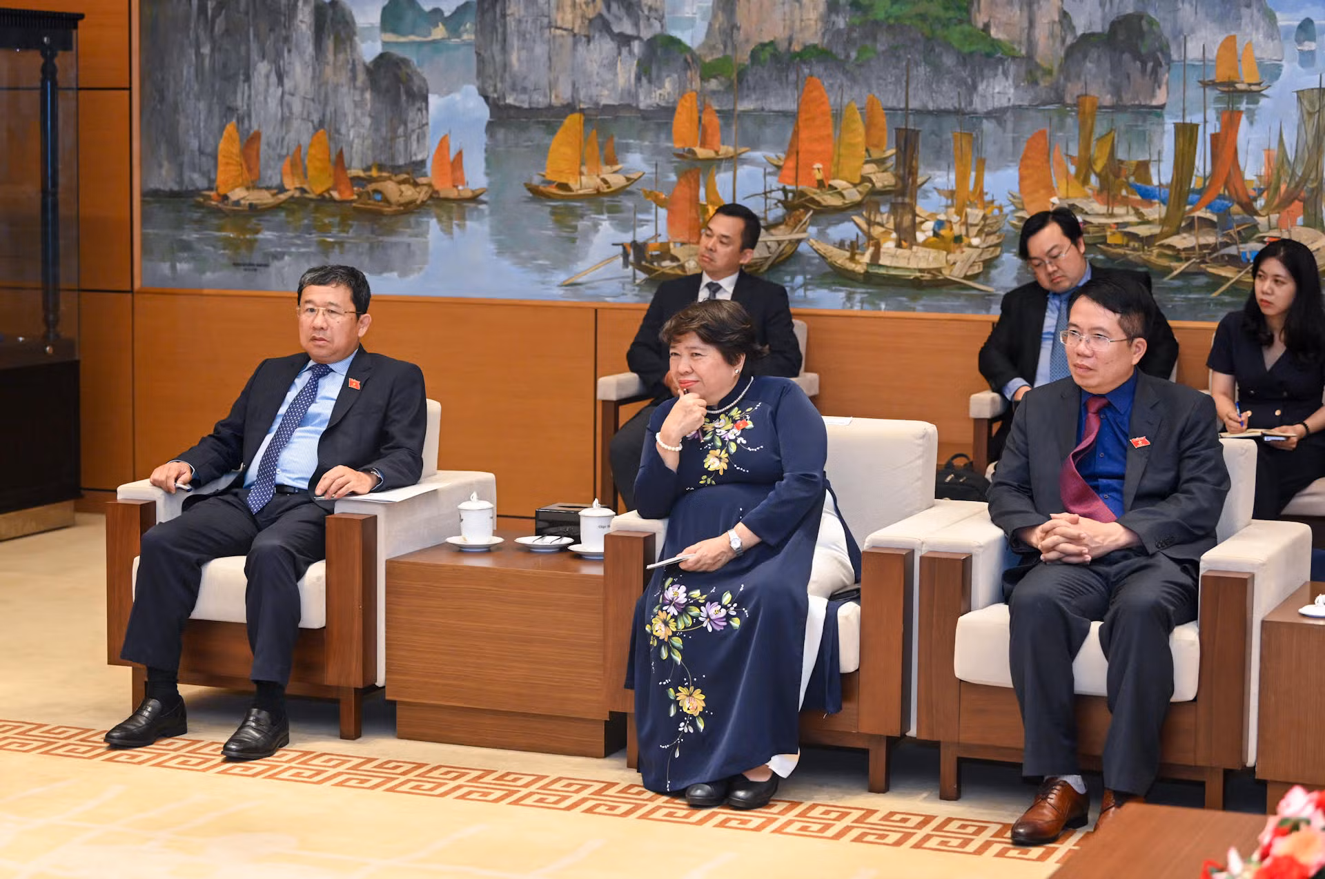 Chủ nhiệm Ủy ban Đối ngoại Vũ Hải Hà, Chủ nhiệm Ủy ban Xã hội Nguyễn Thuý Anh và các đại biểu Quốc hội Việt Nam dự buổi tiếp.