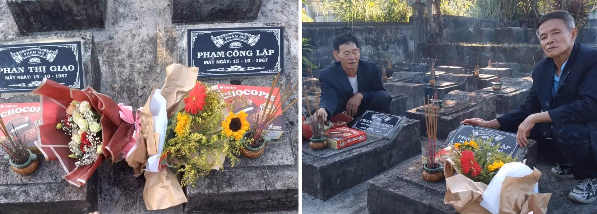 Mộ của ông Phạm Công Lập và liệt sĩ Phan Thị Giao hy sinh cùng ngày, tháng, năm đang bên nhau ở nghĩa trang dòng họ Phan tại thôn Hương Nam, xã Kim Thạch, huyện Vĩnh Linh, tỉnh Quảng Trị (Ảnh trái). Ông Phạm Công Đức ( ngồi bên phải) và em ruột của bà Phan Thị Giao thắp hương cho bố và chị gái của mình (Ảnh phải) Mộ của ông Phạm Công Lập và liệt sĩ Phan Thị Giao hy sinh cùng ngày, tháng, năm đang bên nhau ở nghĩa trang dòng họ Phan tại thôn Hương Nam, xã Kim Thạch, huyện Vĩnh Linh, tỉnh Quảng Trị (Ảnh trái). Ông Phạm Công Đức ( ngồi bên phải) và em ruột của bà Phan Thị Giao thắp hương cho bố và chị gái của mình (Ảnh phải)