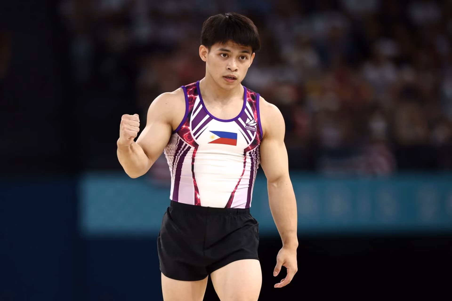 Carlos Yulo ăn mừng sau khi hoàn thành bài thi tại Olympic Paris 2024. (Ảnh: Getty) Carlos Yulo ăn mừng sau khi hoàn thành bài thi tại Olympic Paris 2024. (Ảnh: Getty)