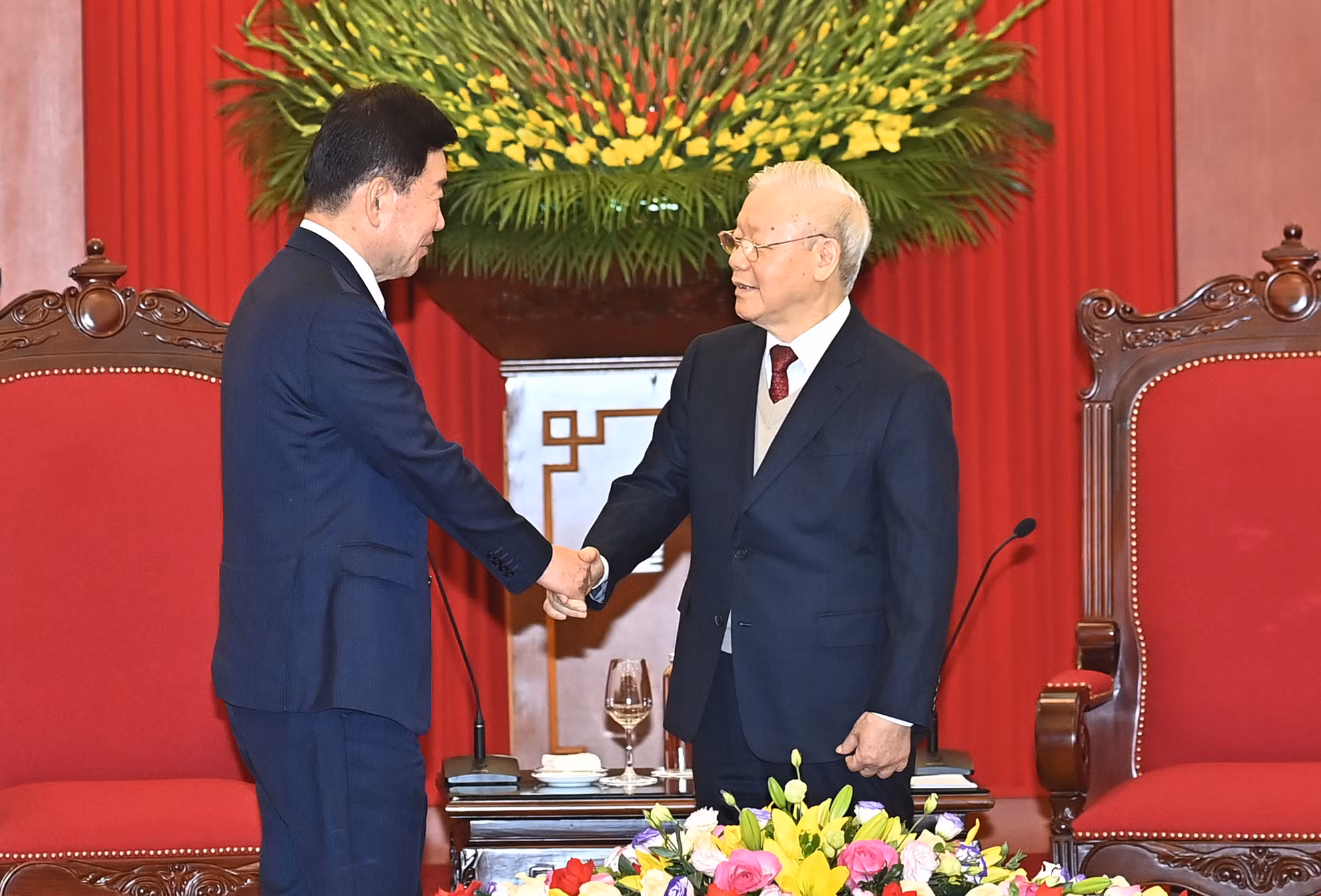 Tổng Bí thư Nguyễn Phú Trọng và Chủ tịch Quốc hội Hàn Quốc Kim Jin Pyo tại buổi tiếp.