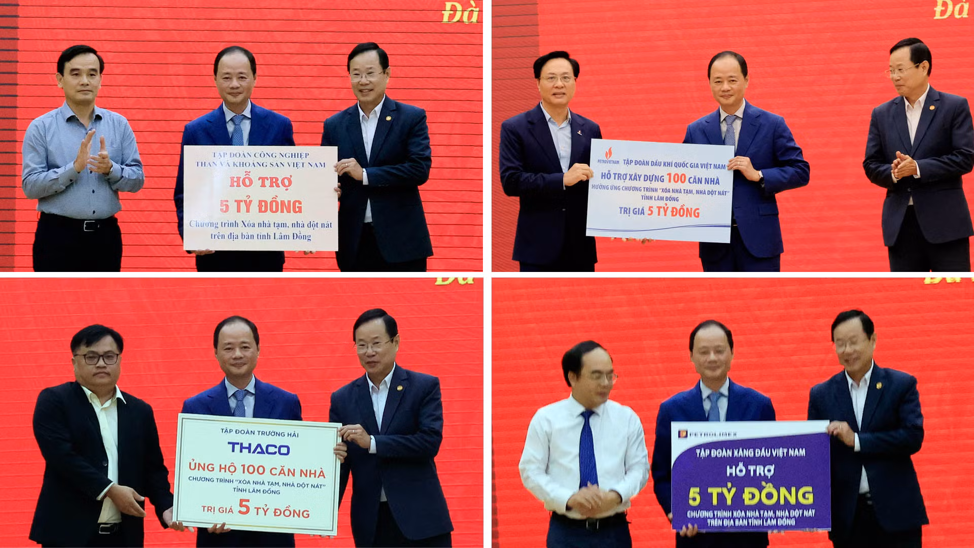 Chủ tịch Ủy ban nhân dân tỉnh Lâm Đồng Trần Hồng Thái (giữa) và Chủ tịch Ủy ban Mặt trận Tổ quốc Việt Nam tỉnh Lâm Đồng Phạm Triều (bìa phải), tiếp nhận ủng hộ Chương trình “xóa nhà tạm, nhà dột nát” trên địa bàn tỉnh từ các nhà tài trợ.