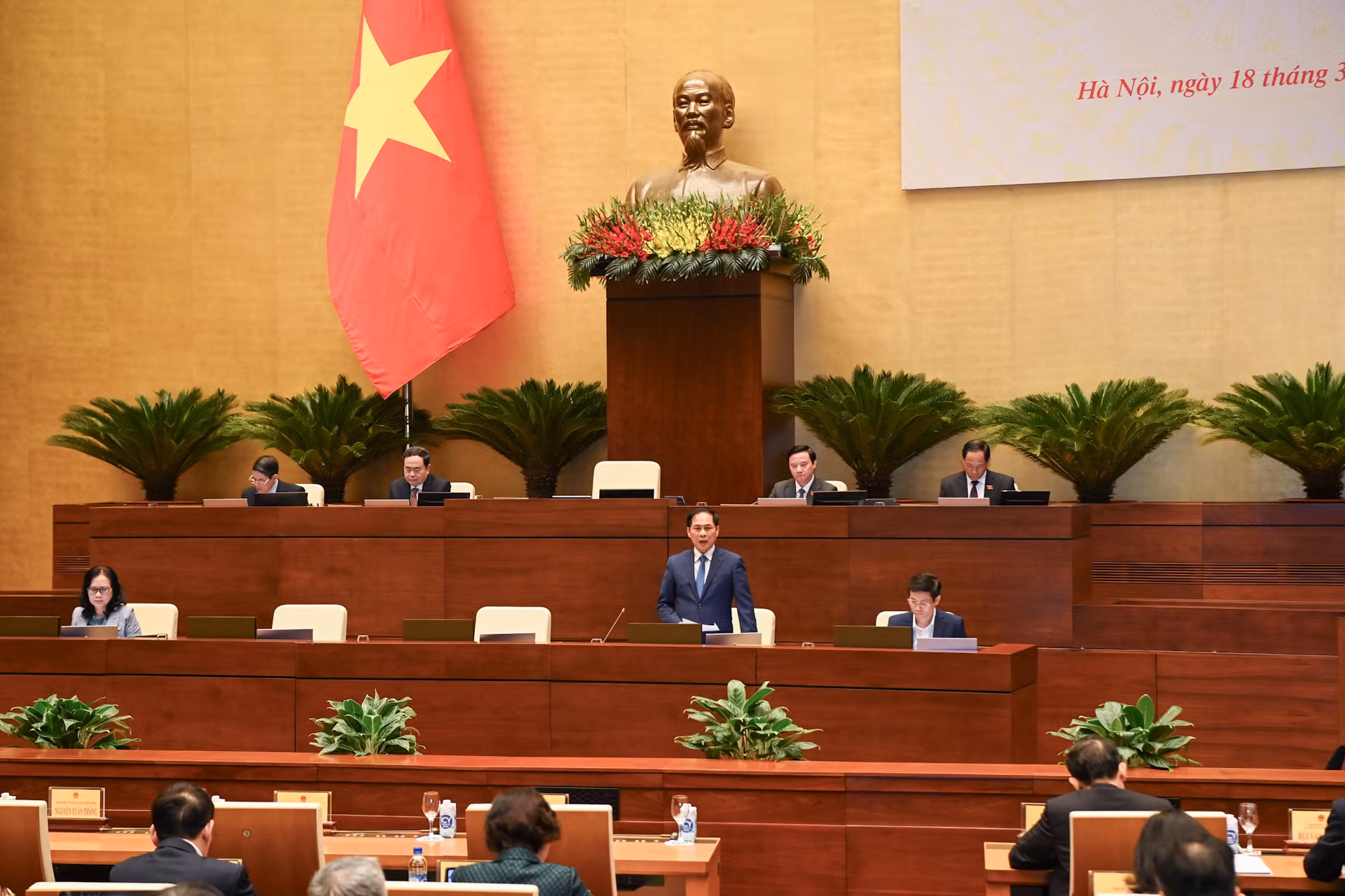 Bộ trưởng Ngoại giao Bùi Thanh Sơn phát biểu về nhóm vấn đề chất vấn.
