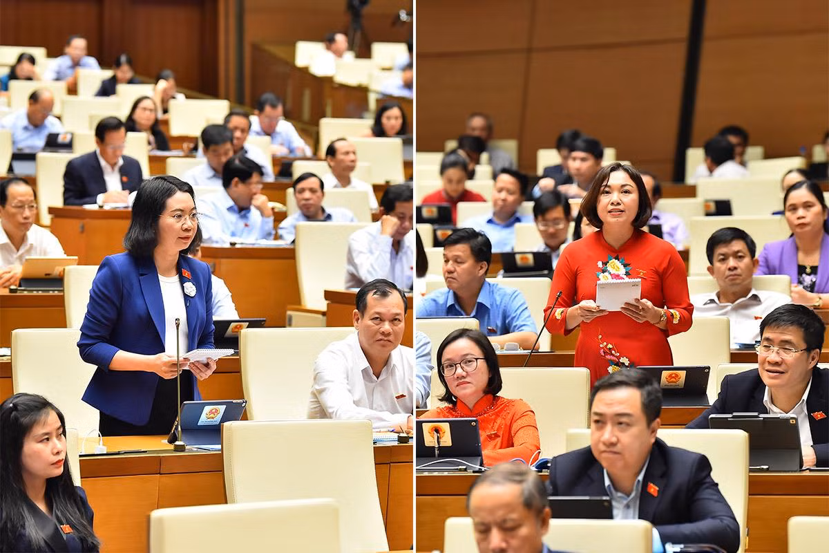 Đại biểu Quốc hội tỉnh Nam Định Mai Thị Phương Hoa (trái) và đại biểu Quốc hội tỉnh Hòa Bình Đặng Bích Ngọc đặt câu hỏi chất vấn Thủ tướng Phạm Minh Chính. Đại biểu Quốc hội tỉnh Nam Định Mai Thị Phương Hoa (trái) và đại biểu Quốc hội tỉnh Hòa Bình Đặng Bích Ngọc đặt câu hỏi chất vấn Thủ tướng Phạm Minh Chính.