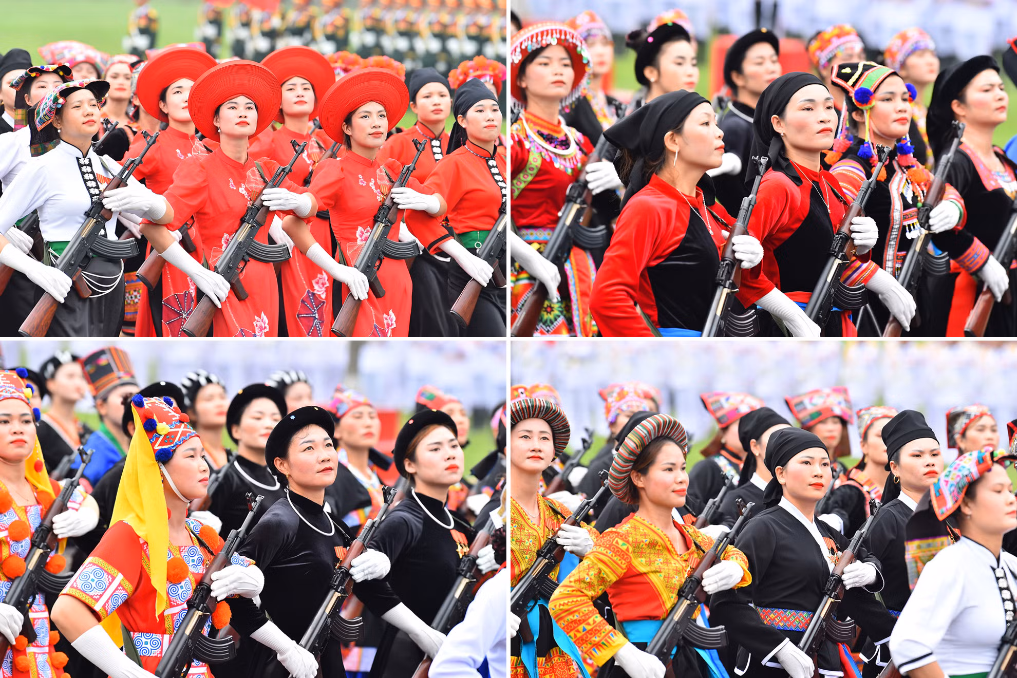 Khối Nữ dân quân các dân tộc Tây Bắc tiến vào Lễ đài. Nêu cao tinh thần yêu nước, phát huy truyền thống đoàn kết, tự lực, tự cường, nữ dân quân các dân tộc Tây Bắc không quản ngại gian khổ, hy sinh, tích cực tham gia kháng chiến, chăm nuôi bộ đội, thương binh, vận chuyển lương thực, thực phẩm, vũ khí, làm đường giao thông… cùng với phụ nữ cả nước đóng góp hơn 2 triệu ngày công trong Chiến dịch Điện Biên Phủ góp phần làm nên kỳ tích: “Rực trời đất Điện Biên toàn thắng”, kết thúc cuộc kháng chiến 3.000 ngày không nghỉ. Khối Nữ dân quân các dân tộc Tây Bắc tiến vào Lễ đài. Nêu cao tinh thần yêu nước, phát huy truyền thống đoàn kết, tự lực, tự cường, nữ dân quân các dân tộc Tây Bắc không quản ngại gian khổ, hy sinh, tích cực tham gia kháng chiến, chăm nuôi bộ đội, thương binh, vận chuyển lương thực, thực phẩm, vũ khí, làm đường giao thông… cùng với phụ nữ cả nước đóng góp hơn 2 triệu ngày công trong Chiến dịch Điện Biên Phủ góp phần làm nên kỳ tích: “Rực trời đất Điện Biên toàn thắng”, kết thúc cuộc kháng chiến 3.000 ngày không nghỉ.