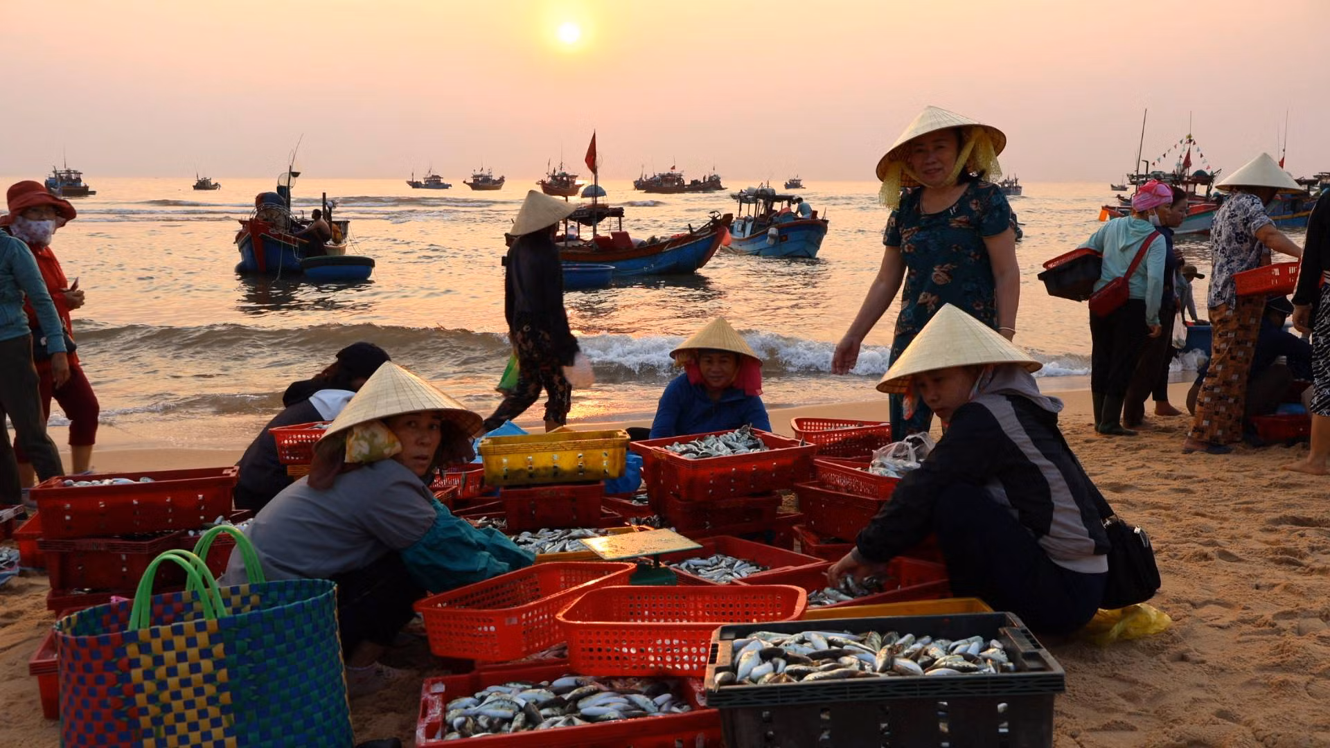 Đàn ông chuyển cá từ thuyền vào bờ, phụ nữ mua bán theo từng nhóm để kịp chuyển cá đi trước 6 giờ sáng.