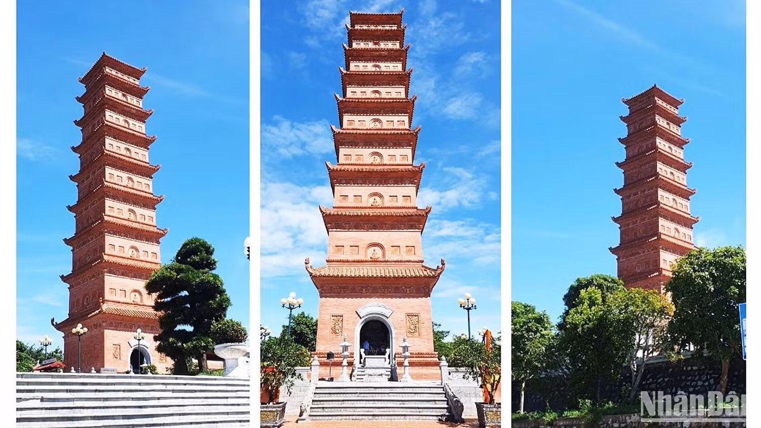Tháp có hình vuông, gồm 9 tầng, cao 37,14m. Công trình đuợc xây bằng gạch và đá có kích thuớc khác nhau. Ngoài loại gạch xây, còn có loại gạch ốp ngoài vỏ tháp với nghệ thuật trang trí độc đáo như hoa sen, hoa cúc, hoa chanh. Cách trang trí này biểu hiện nghệ thuật điển hình thời Lý. Lòng tháp rỗng và là nơi đặt tượng Phật A Di Đà. Đây là bức tượng bằng đá ngọc nguyên khối được phỏng dựng như tượng Phật A Di Đà tại chùa Phật Tích (Bắc Ninh).