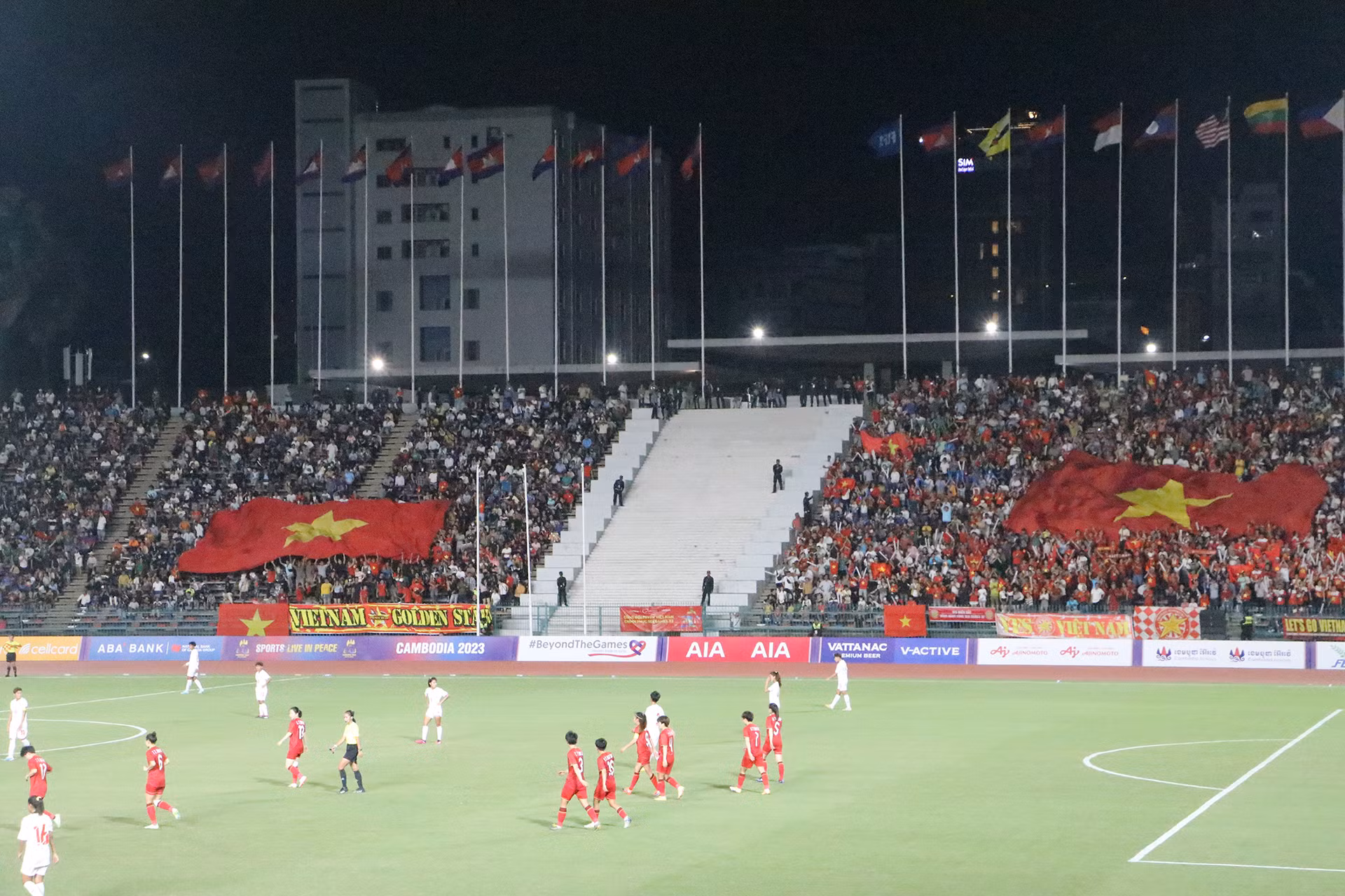 Niềm vui vỡ òa của các cổ động viên Việt Nam trên sân vận động quốc gia Olympic.