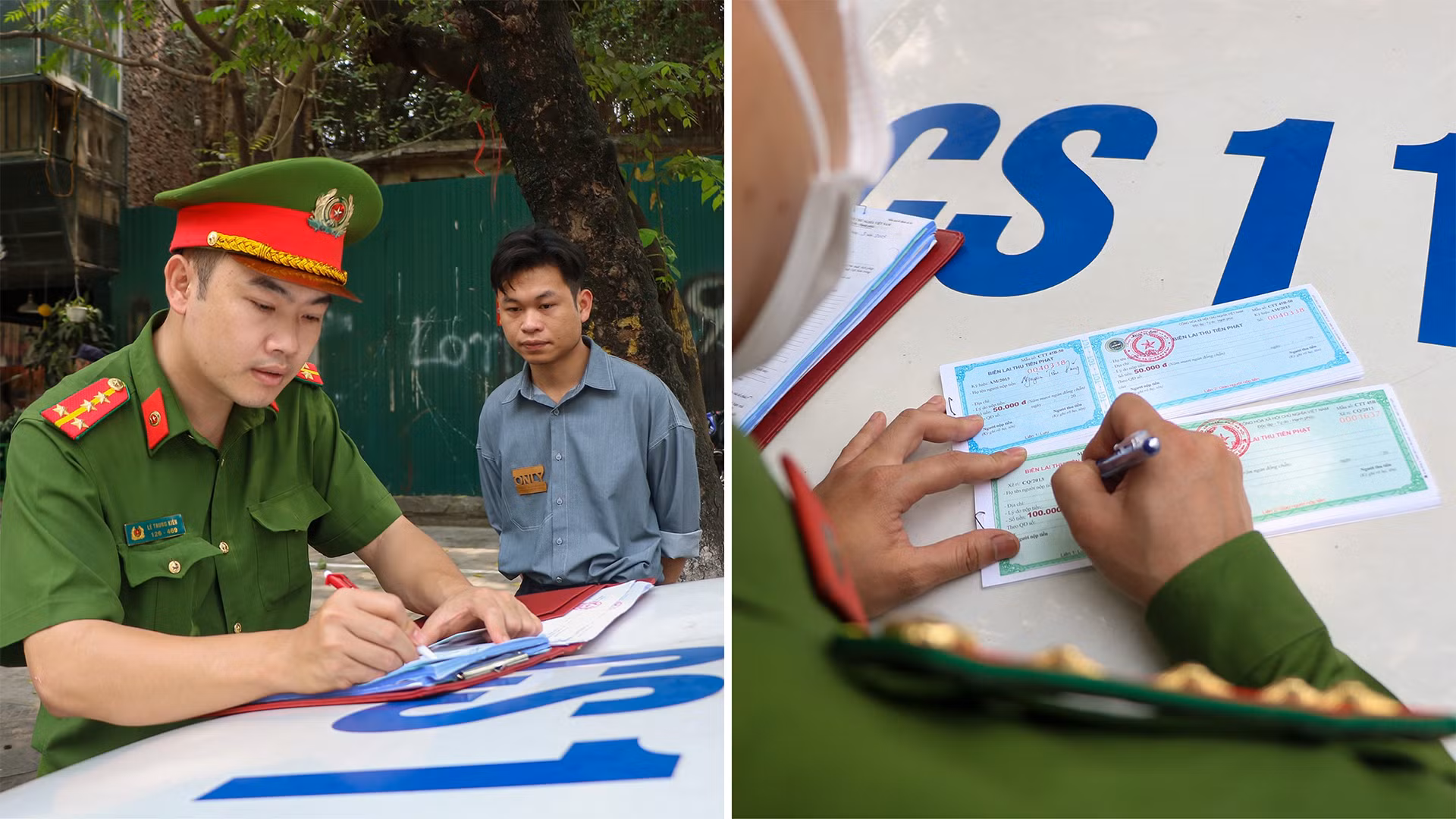Công an phường Thành Công, quận Ba Đình, Hà Nội lập biên bản xử phạt hành chính vi phạm trật tự an toàn giao thông ngày 21/3/2023. (Ảnh: Nhật Quang) Công an phường Thành Công, quận Ba Đình, Hà Nội lập biên bản xử phạt hành chính vi phạm trật tự an toàn giao thông ngày 21/3/2023. (Ảnh: Nhật Quang)