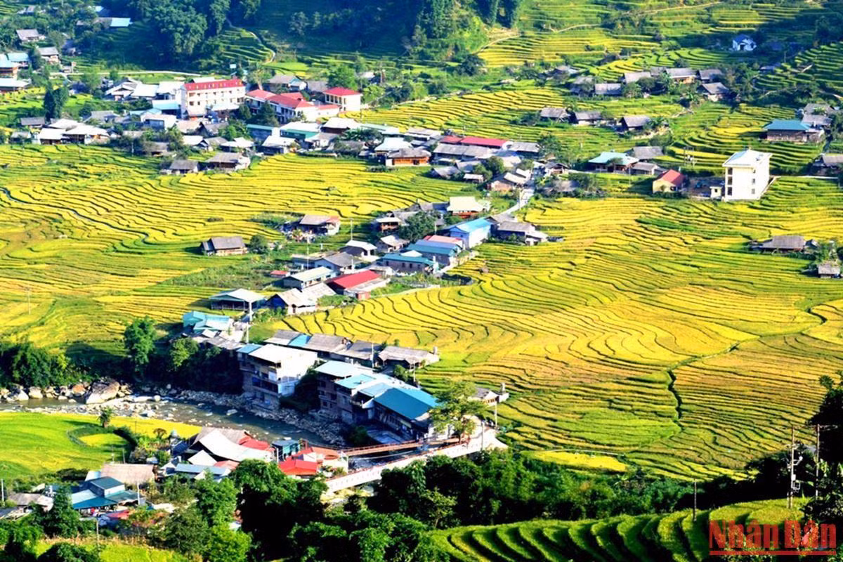 Bản người Giáy ở Tả Van quần tụ ở vùng thấp dưới chân núi Hoàng Liên hùng vĩ.