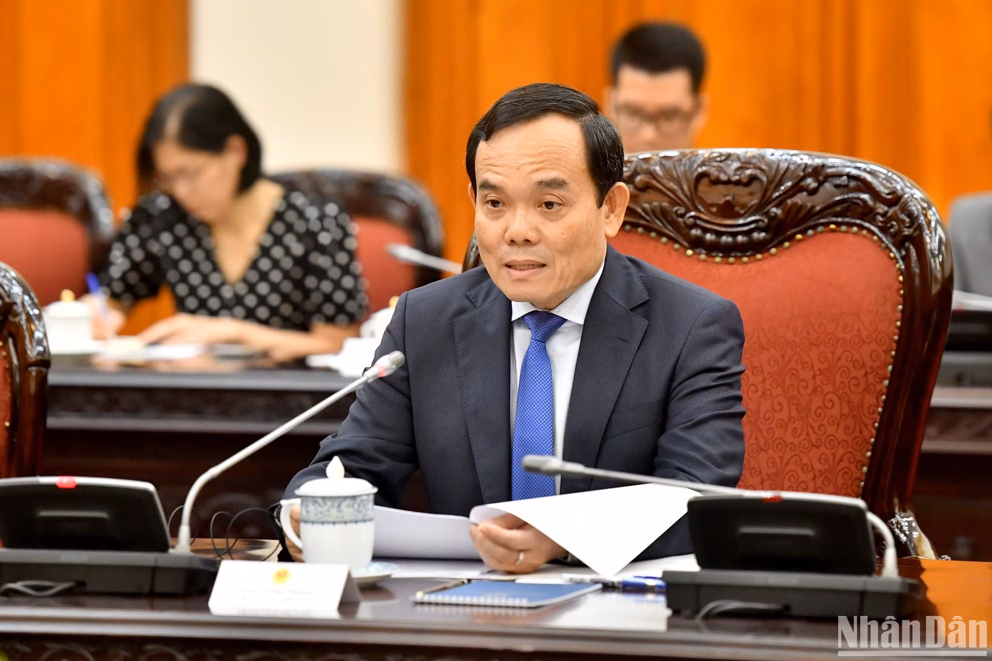 Phó Thủ tướng Trần Lưu Quang phát biểu tại cuộc hội đàm với Trưởng Khu hành chính đặc biệt Hồng Kông (Trung Quốc) Lý Gia Siêu.