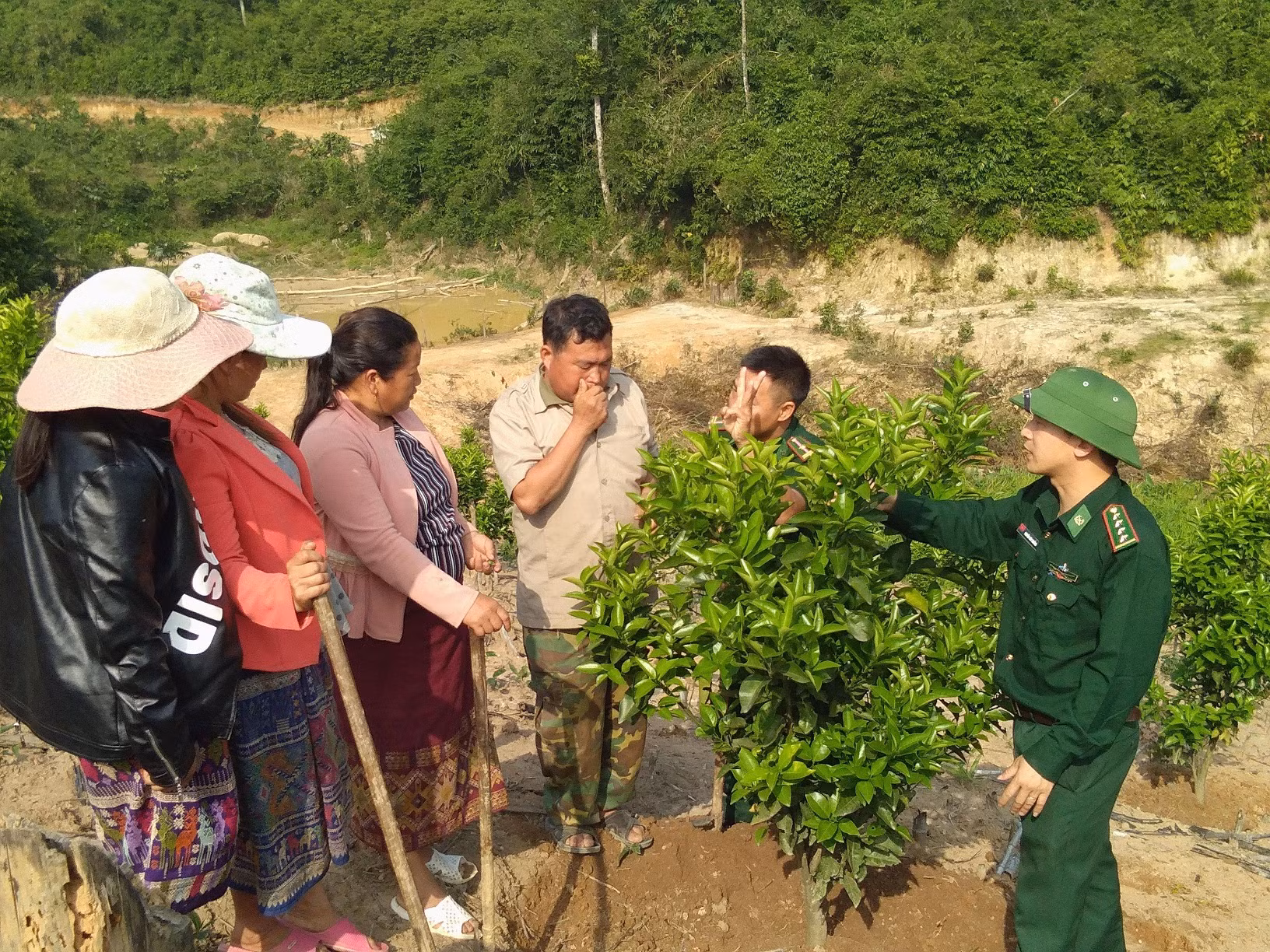 Đồn biên phòng Thông Thụ hướng dẫn người dân bản Nậm Táy (Lào) trồng cam.