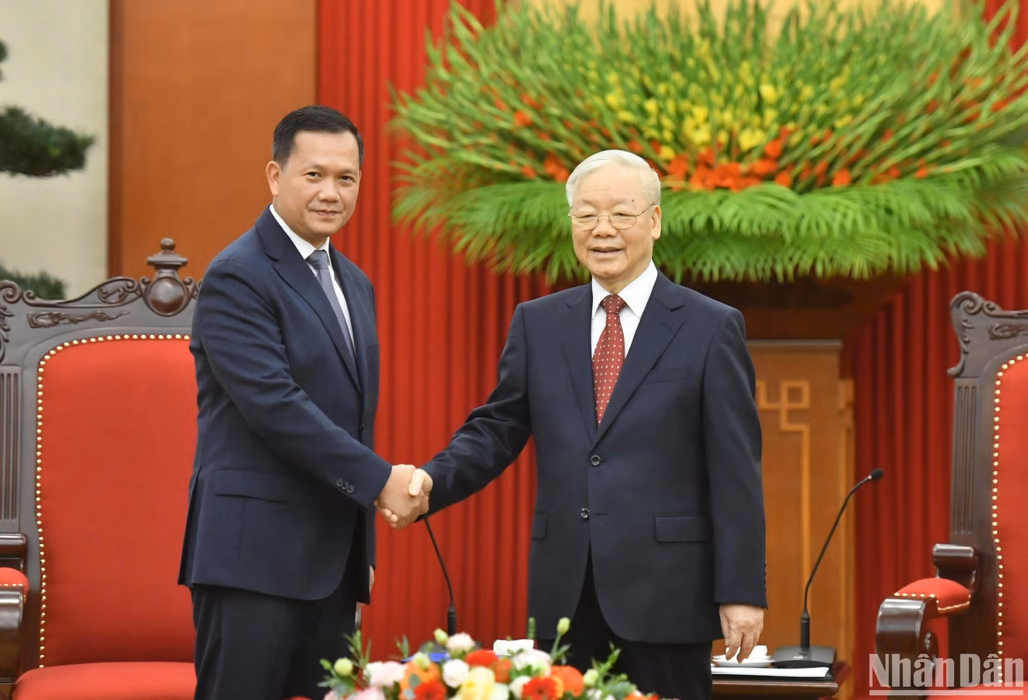 Tổng Bí thư Nguyễn Phú Trọng tiếp Thủ tướng Vương quốc Campuchia Samdech Moha Bovor Thipadei Hun Manet. Tổng Bí thư Nguyễn Phú Trọng tiếp Thủ tướng Vương quốc Campuchia Samdech Moha Bovor Thipadei Hun Manet.