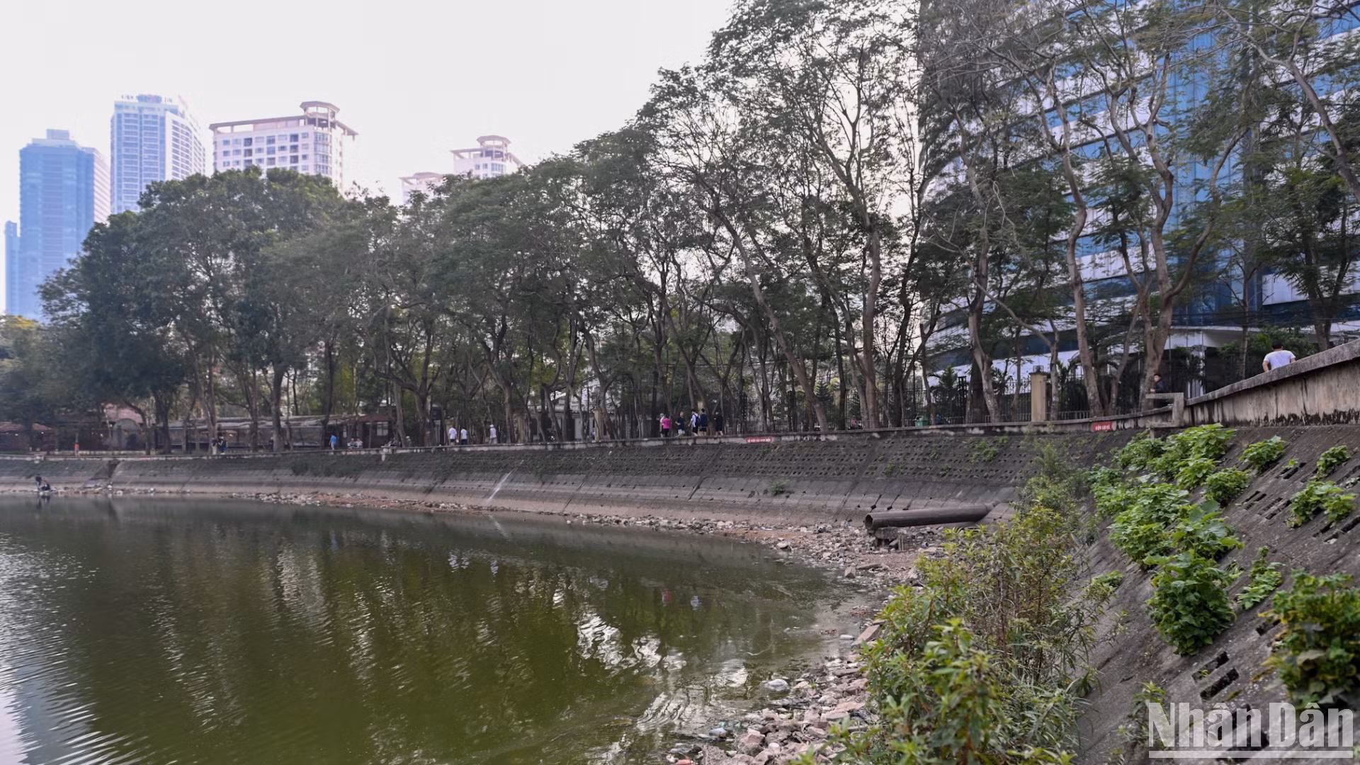 Đơn vị thi công tiến hành rút cạn nước ở lòng hồ điều hòa trong công viên.