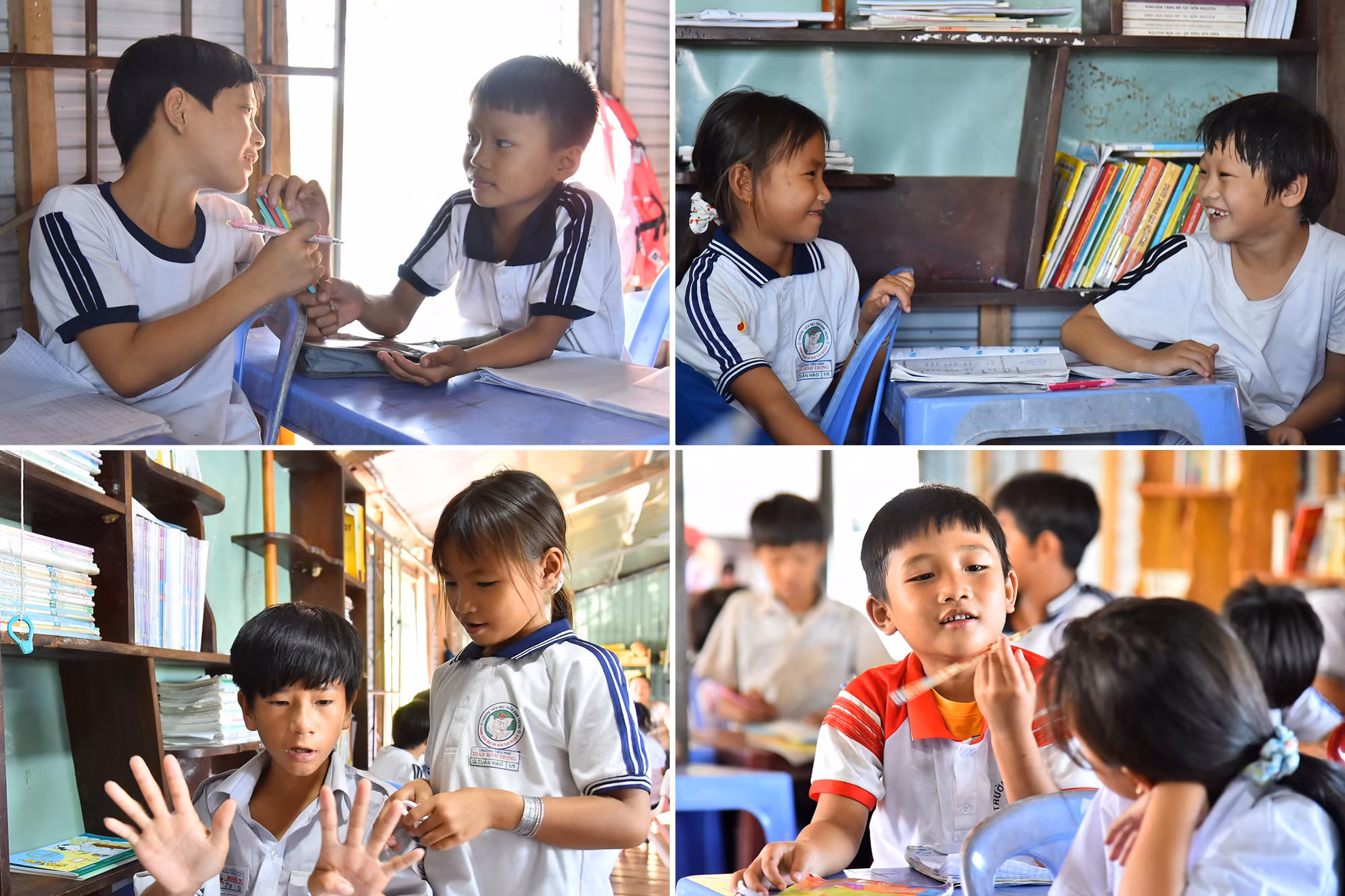Tan buổi học, trong tiếng cười giòn tan, tiếng gọi nhau í ới, những đứa trẻ vẫn nán lại lớp để trao đổi và nói nốt câu chuyện còn dang dở lúc giải lao. Có bạn lại tranh thủ trao đổi bài với nhau.