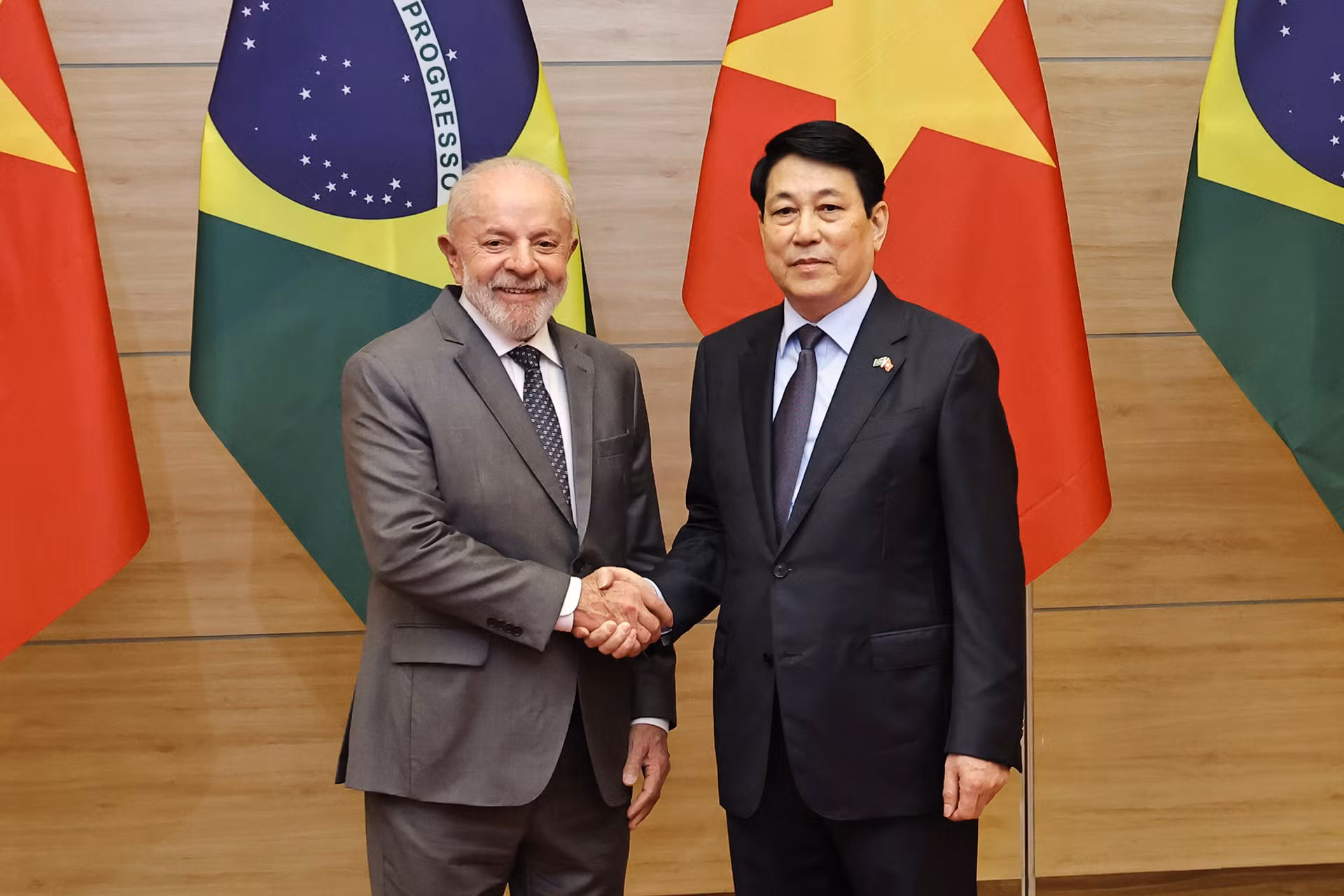 Chủ tịch nước Lương Cường và Tổng thống Brazil Luiz Inacio Lula da Silva tại buổi chiêu đãi.