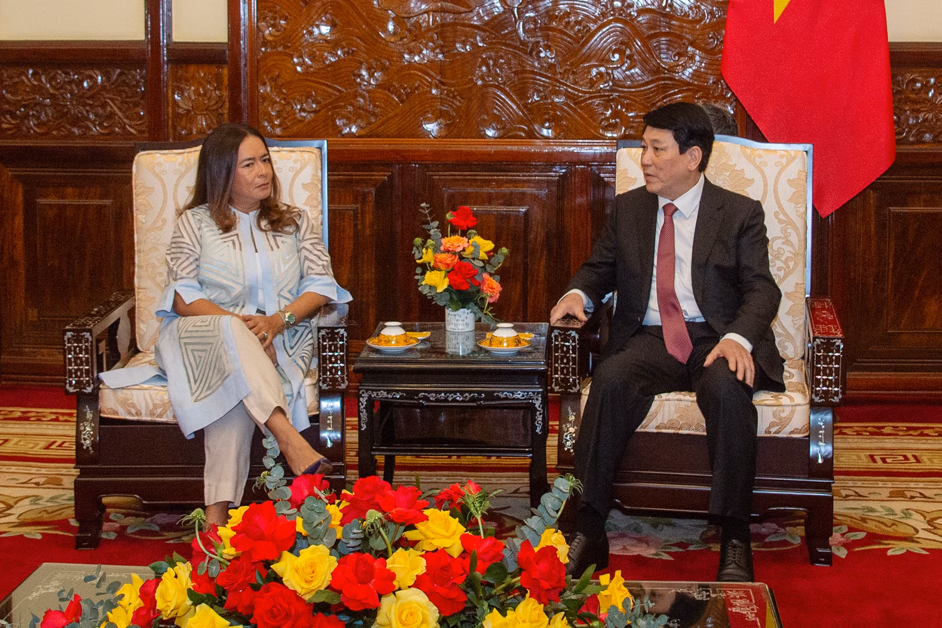 Chủ tịch nước Lương Cường tiếp Đại sứ Cộng hòa Panama Nubiela Yanarith Ayala Modes tại buổi lễ.