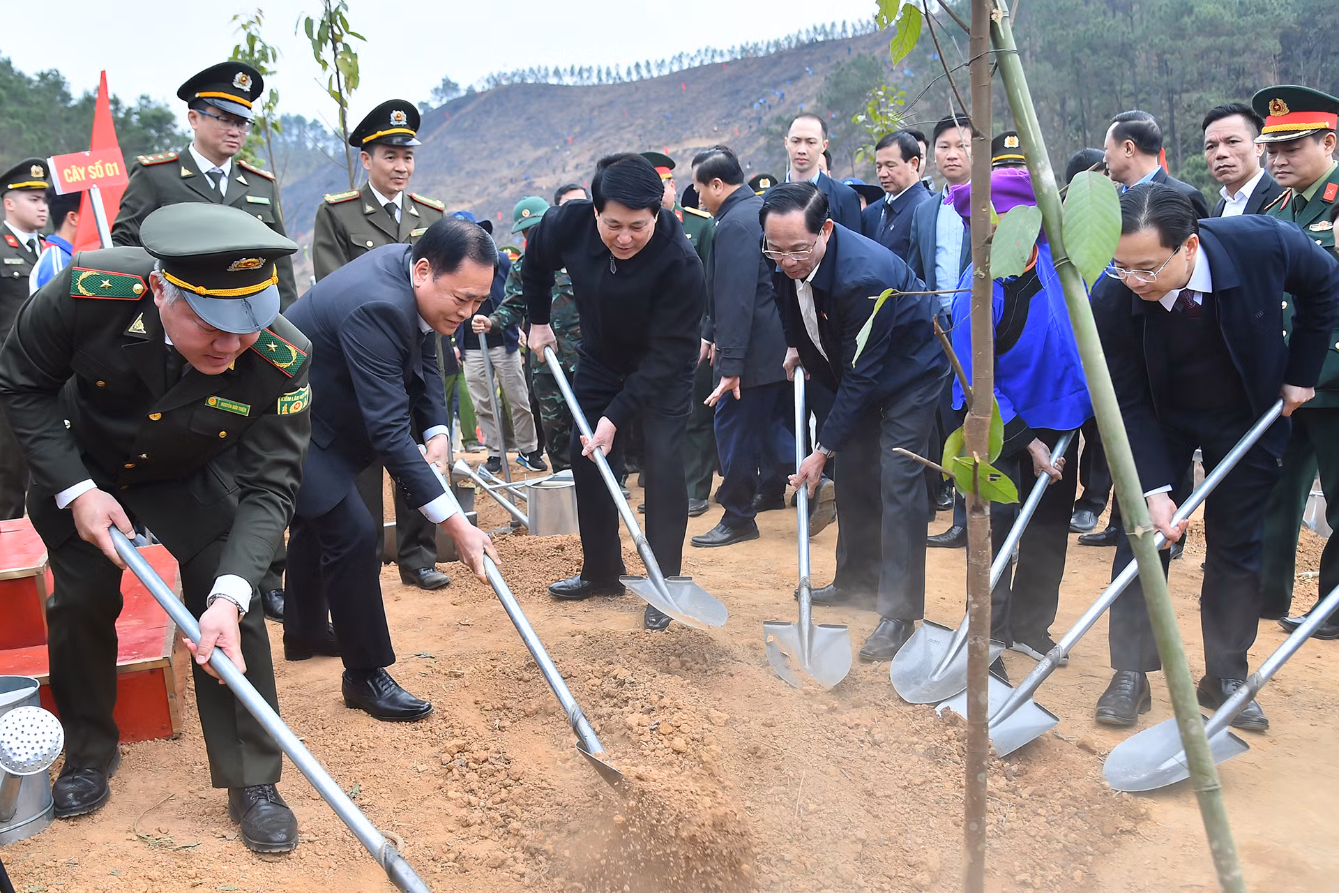 Chủ tịch nước Lương Cường và các đại biểu trồng cây tại lễ phát động.