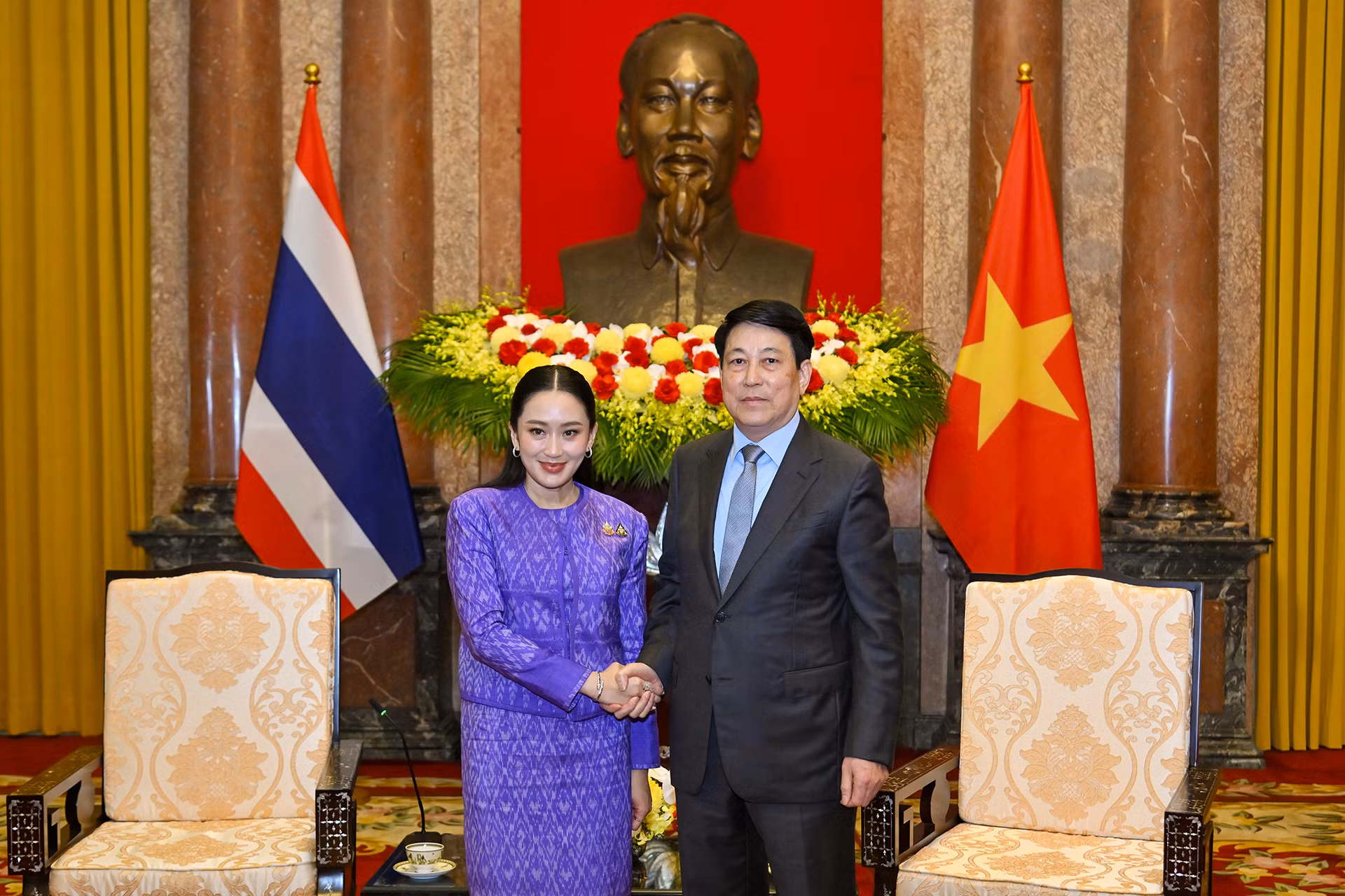 Chủ tịch nước Lương Cường và Thủ tướng Thái Lan Paetongtarn Shinawatra tại buổi tiếp.