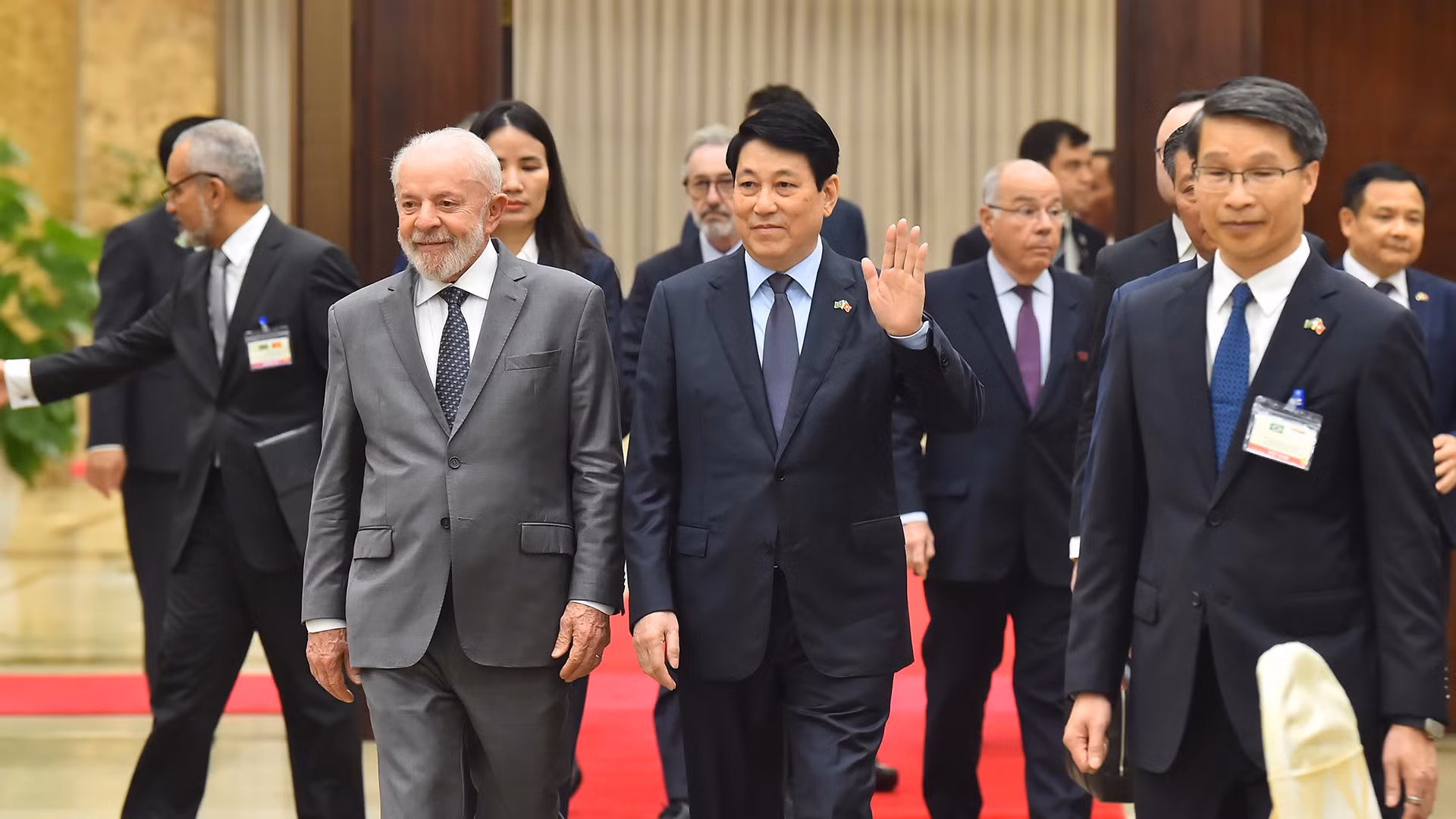 Chủ tịch nước Lương Cường và Tổng thống Brazil Luiz Inacio Lula da Silva tới dự buổi chiêu đãi.