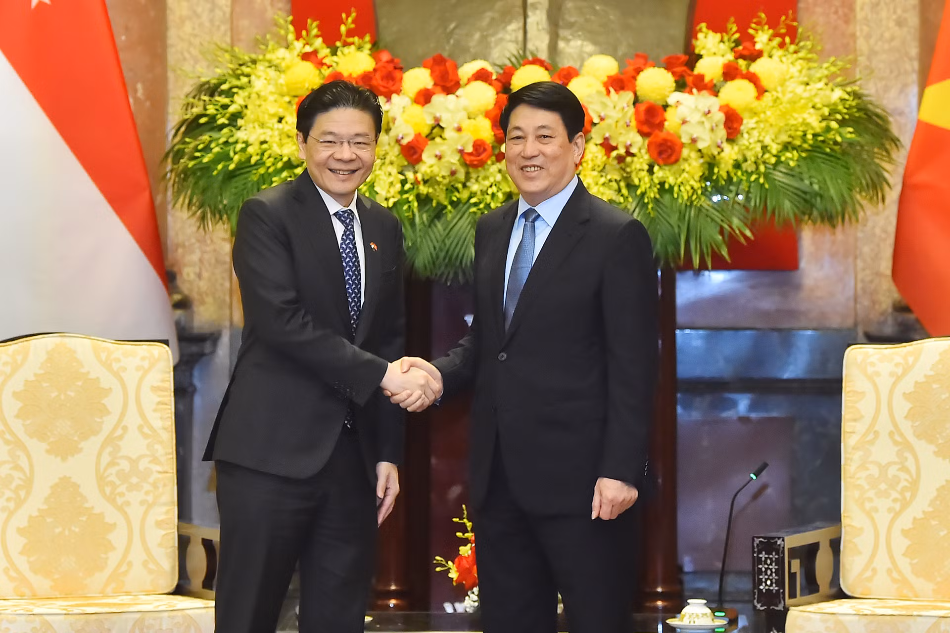 Chủ tịch nước Lương Cường và Thủ tướng Singapore Lawrence Wong tại buổi tiếp.