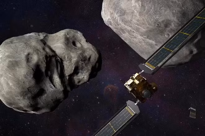 Hệ thống tiểu hành tinh đôi Dimorphos và Didymos. (Ảnh: Johns Hopkins APL/NASA/AP) Hệ thống tiểu hành tinh đôi Dimorphos và Didymos. (Ảnh: Johns Hopkins APL/NASA/AP)