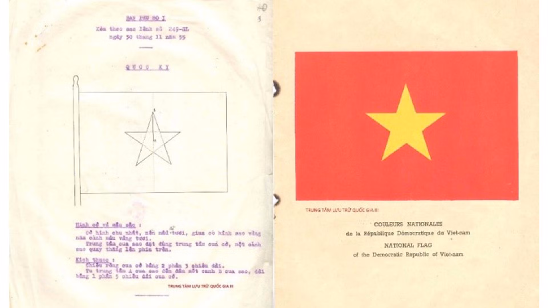 Phụ lục hình ảnh Quốc kỳ có chỉnh sửa về hình thức theo Sắc lệnh số 249-SL ngày 30/11/1955. (Nguồn: Trung tâm Lưu trữ quốc gia III) Phụ lục hình ảnh Quốc kỳ có chỉnh sửa về hình thức theo Sắc lệnh số 249-SL ngày 30/11/1955. (Nguồn: Trung tâm Lưu trữ quốc gia III)