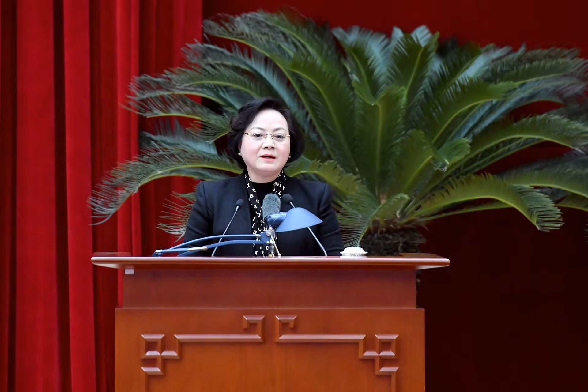 Đồng chí Phạm Thị Thanh Trà, Ủy viên Trung ương Đảng, Bộ trưởng Nội vụ phát biểu tham luận tại hội nghị.