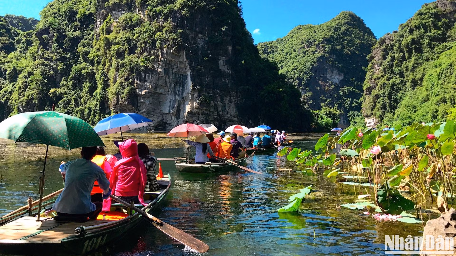 Tràng An lúc giao mùa tràn ngập sắc xanh tươi mát. Đã qua mùa cao điểm du lịch, song mỗi dịp cuối tuần khu du lịch này vẫn đón hàng trăm lượt khách.