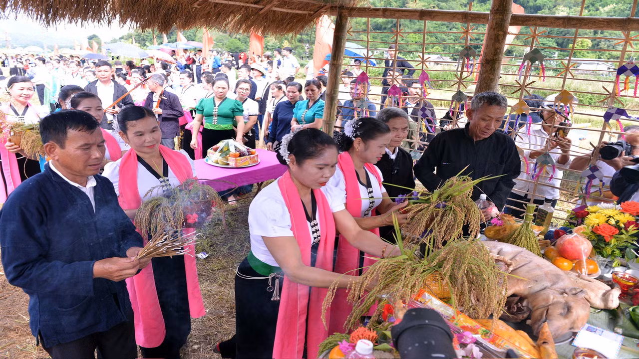 Thầy mo tiến hành làm lễ cúng hồn lúa để bày tỏ lòng biết ơn của dân bản đối với thần linh. Thầy mo tiến hành làm lễ cúng hồn lúa để bày tỏ lòng biết ơn của dân bản đối với thần linh.