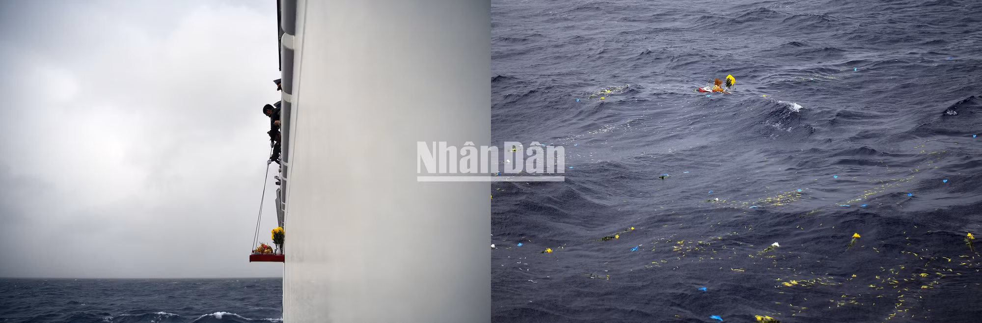 Hương hoa, lễ vật được thả xuống biển, mang theo tấm lòng tri ân sâu sắc, thành kính. Hương hoa, lễ vật được thả xuống biển, mang theo tấm lòng tri ân sâu sắc, thành kính.