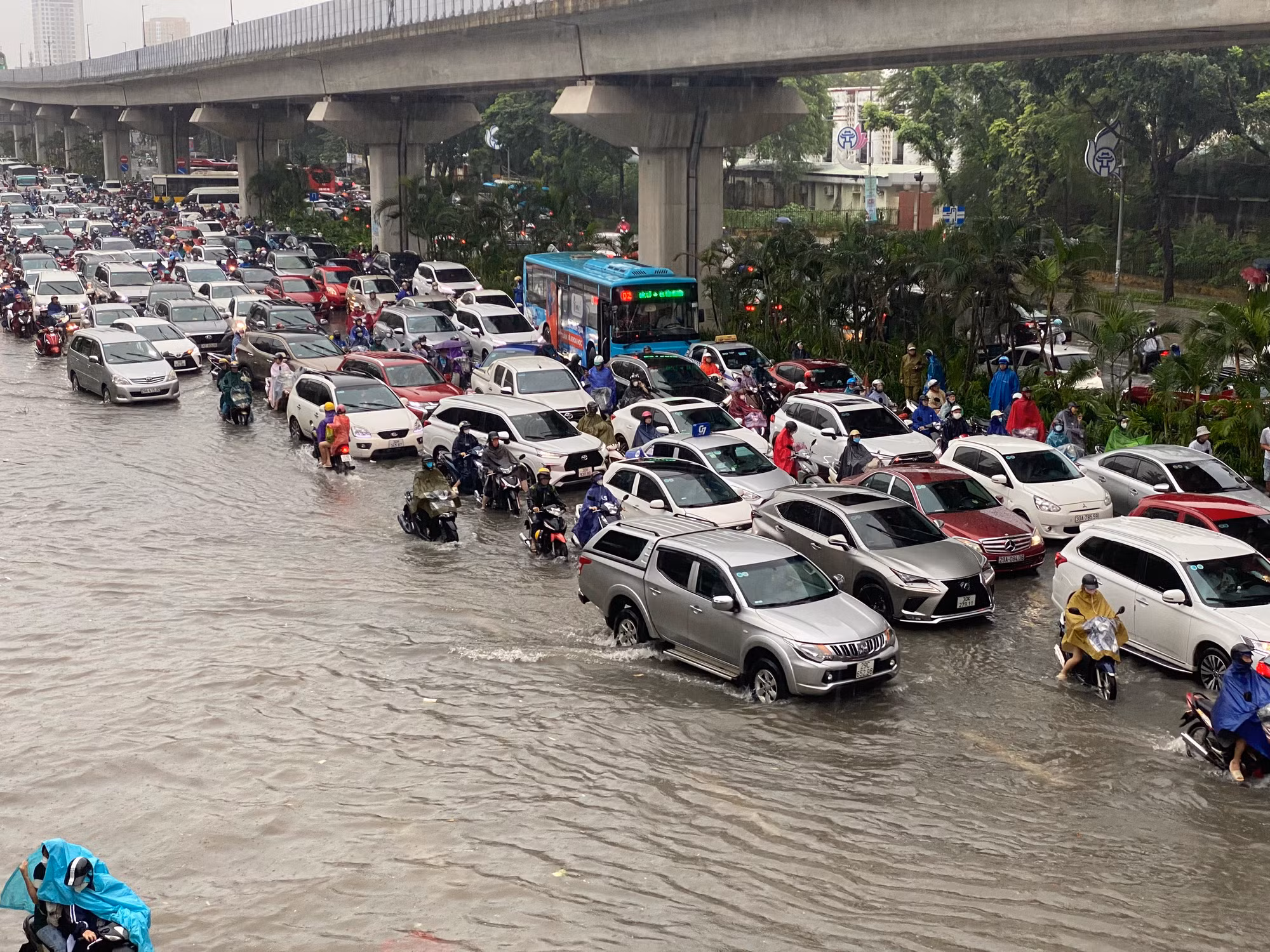 Dòng phương tiện "bơi" giữa biển nước. Dòng phương tiện "bơi" giữa biển nước.