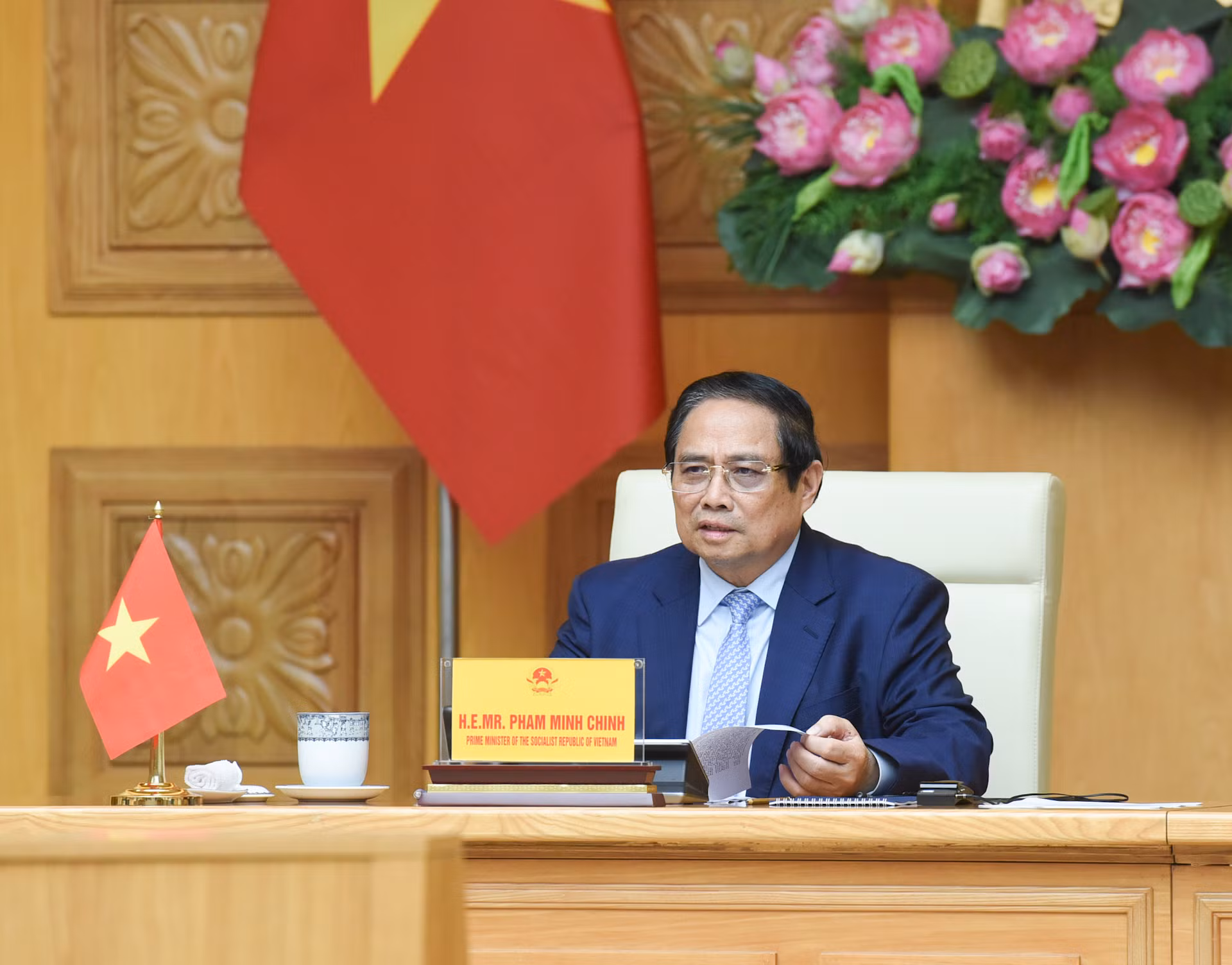 Thủ tướng Phạm Minh Chính phát biểu tại Hội nghị cấp cao trực tuyến về khí hậu tại điểm cầu Hà Nội.