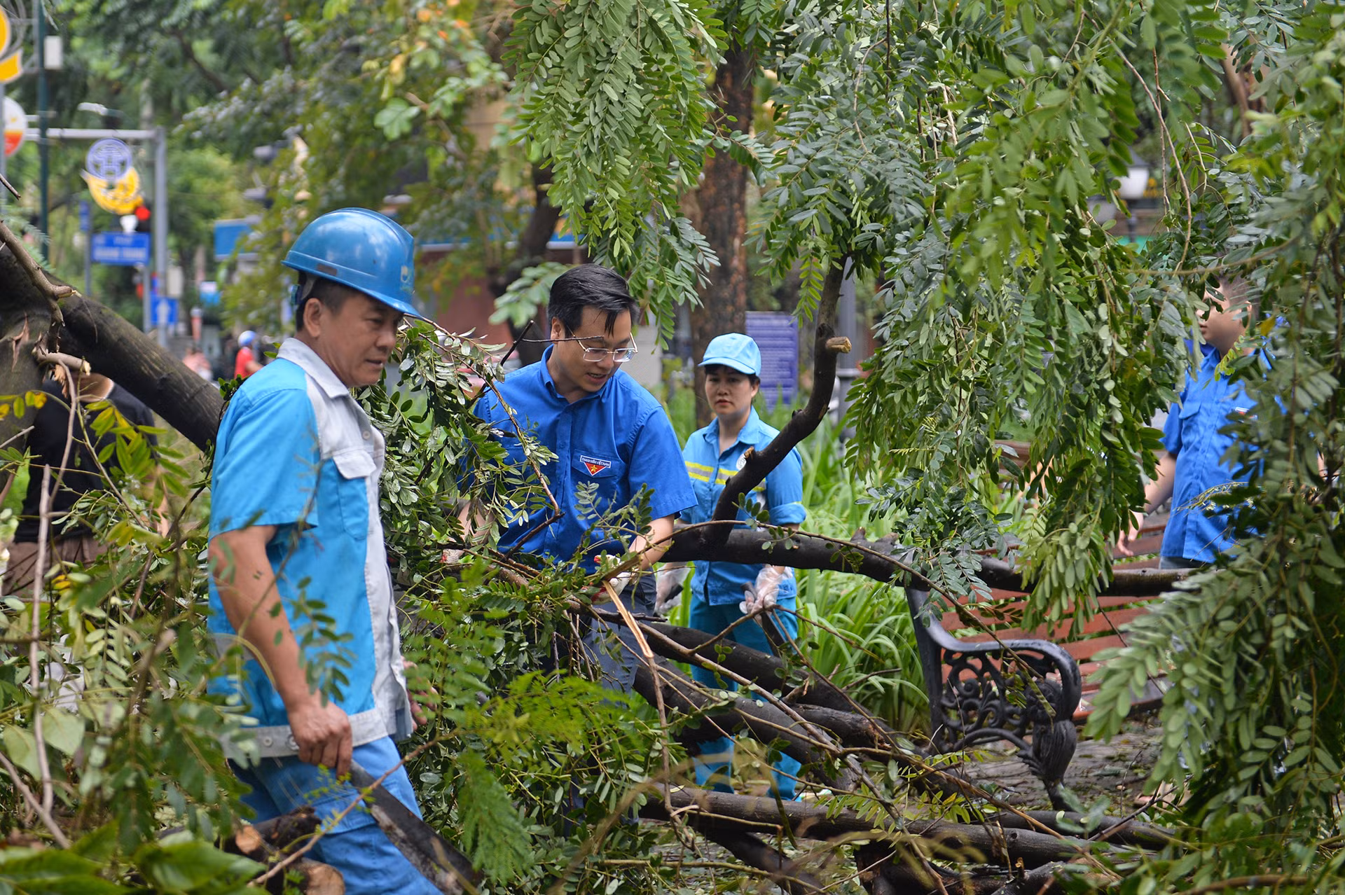Phó Bí thư Thành đoàn Hà Nội Trần Quang Hưng tham gia dọn dẹp, khắp phục hậu quả của cơn bão số 3 cùng đoàn viên, thanh niên tình nguyện và các lực lượng chức năng Thủ đô.