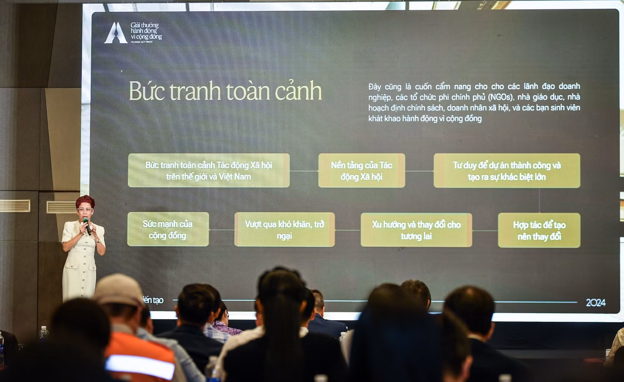 Giải thích thêm về chủ đề Cộng đồng kiến tạo, nhà báo, nhà hoạt động xã hội Trần Mai Anh - Thành viên Hội đồng Giám khảo Human Act Prize cho biết: Điều đáng quý nhất của Human Act Prize không chỉ là việc tôn vinh các sáng kiến vì cộng đồng. Đi cùng với các giải thưởng còn là việc lan tỏa cảm hứng, kinh nghiệm và tri thức trong lĩnh vực hoạt động xã hội.