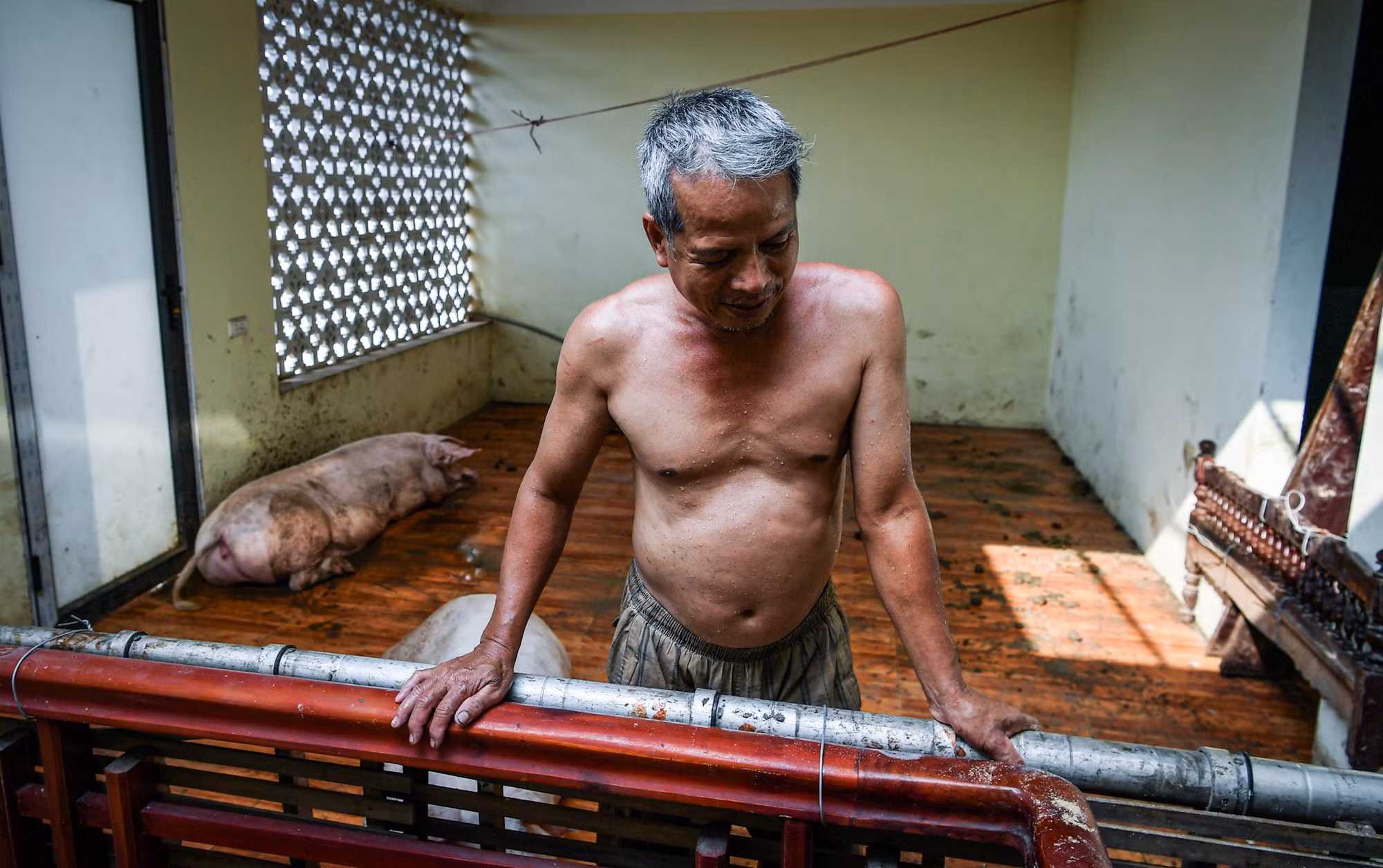 "Mức nước cao nhất khi nước sông dâng trong thôn có chỗ lên tới 4m. Ngoài lợn, chúng tôi còn phải di chuyển thức ăn gia súc, bếp ăn và nhiều đồ đạc khác lên các tầng cao", ông Khả kể về quá trình "chạy lụt" của mình.